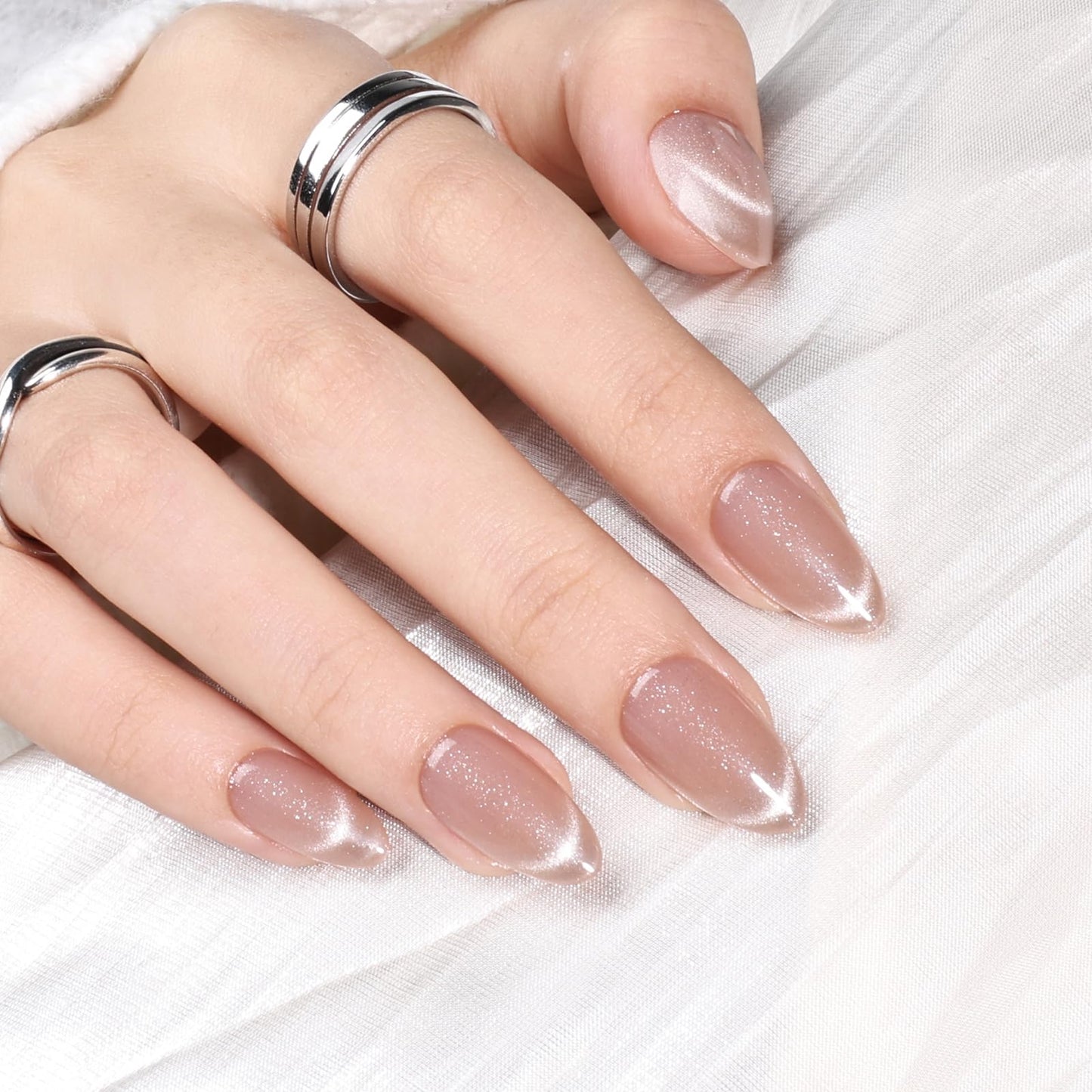 Cat Eye Press On Nails - Short Almond Cat Eye French Tip Press On Nails Press Ons for Women Nude Fake Nails with Glue, Glossy Reusable Glue on Nail in 16 Sizes - 32pcs