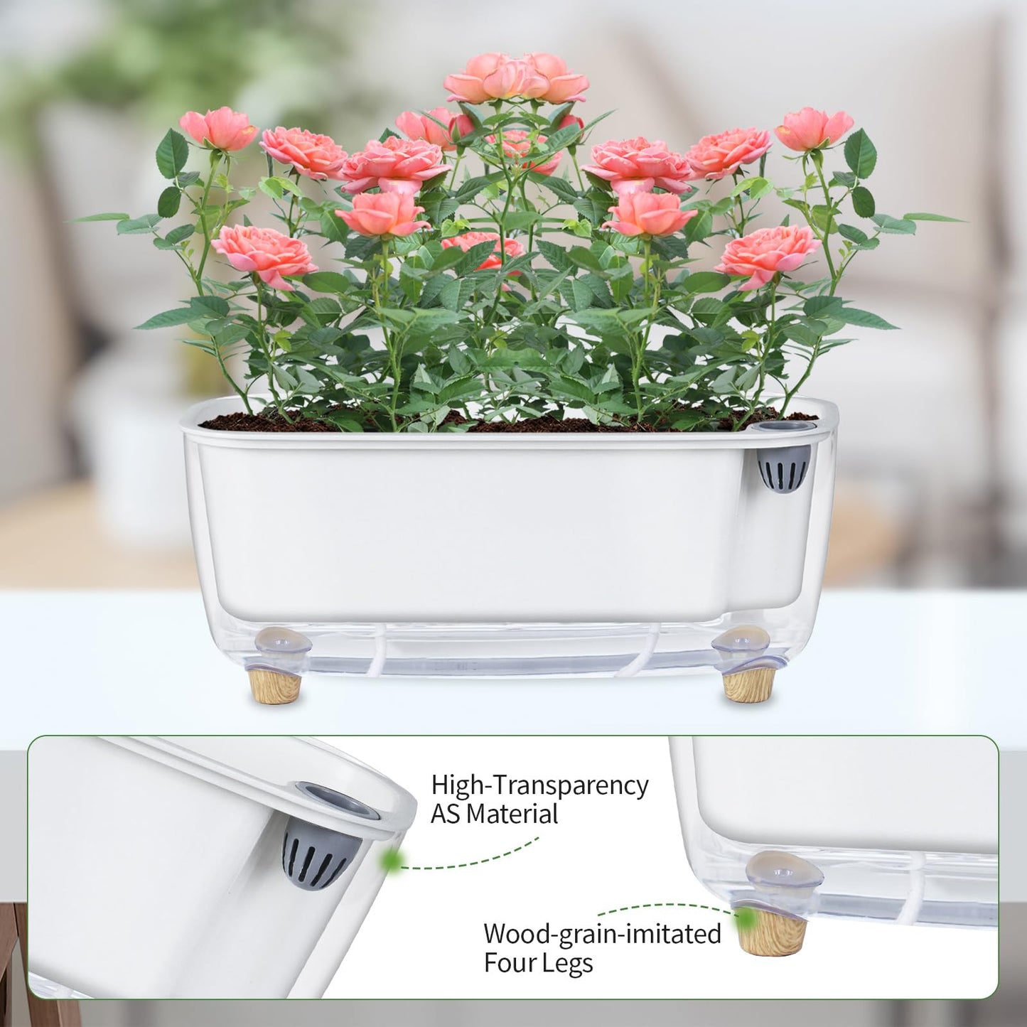 Oliz Self Watering Planter with Coco Coir Pellets, 11.8 Inch Plastic Rectangular Windowsill Plant Pot with Drainage Holes, High Clear Modern Decorative Flower Pot for Indoor Plants, African Violets