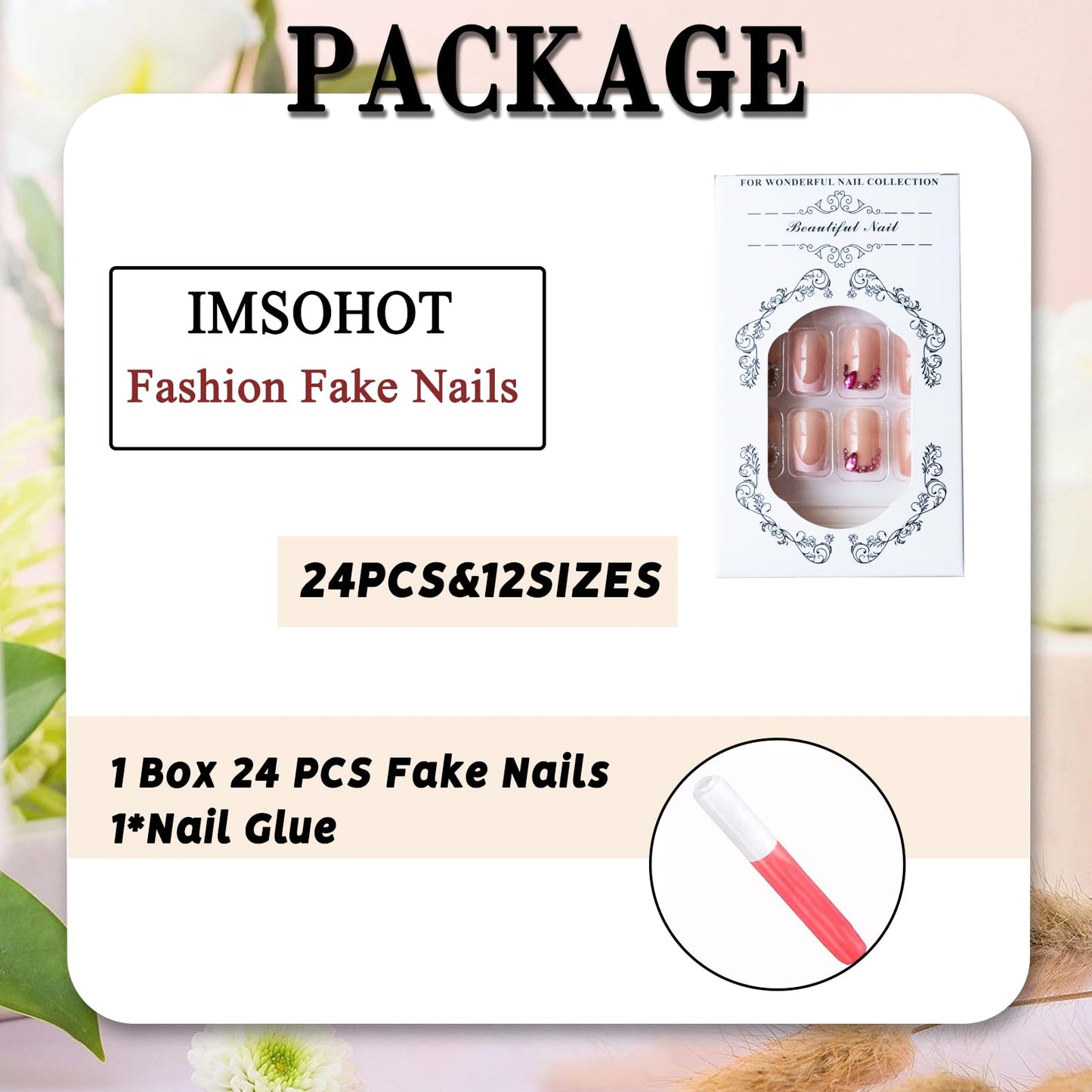 IMSOHOT Short Square Press on Nails Pink Rhinestone French Tips Fake Nails with Heart Design Full Cover Glossy Artificial Acrylic False Nails Cute Stick on Nails for Women Girls