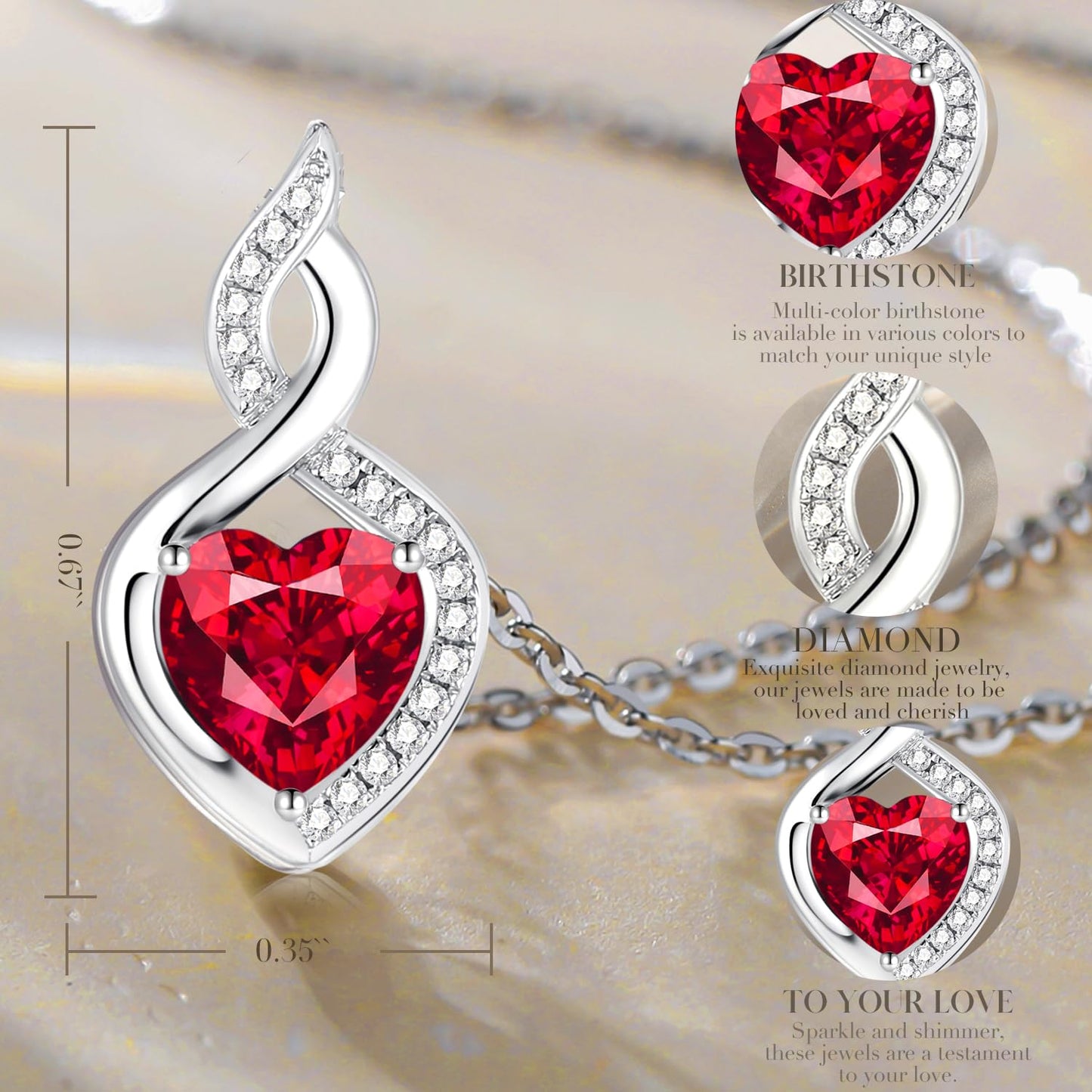 FANCIME Ruby Necklace 14K Solid White Gold Heart Pendant with Diamond July Birthstone Necklace Jewelry for Mom Women