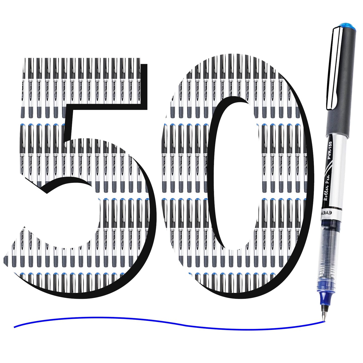 EYEYE 0.7mm Liquid Ink Blue Pens Roller Ball, 50 Pack Rollerball Pen Medium Point Quick Dry, Blue Ink Pens Fine Point Smooth Writing Pens for Journaling, Note Taking, Office and School Supplies