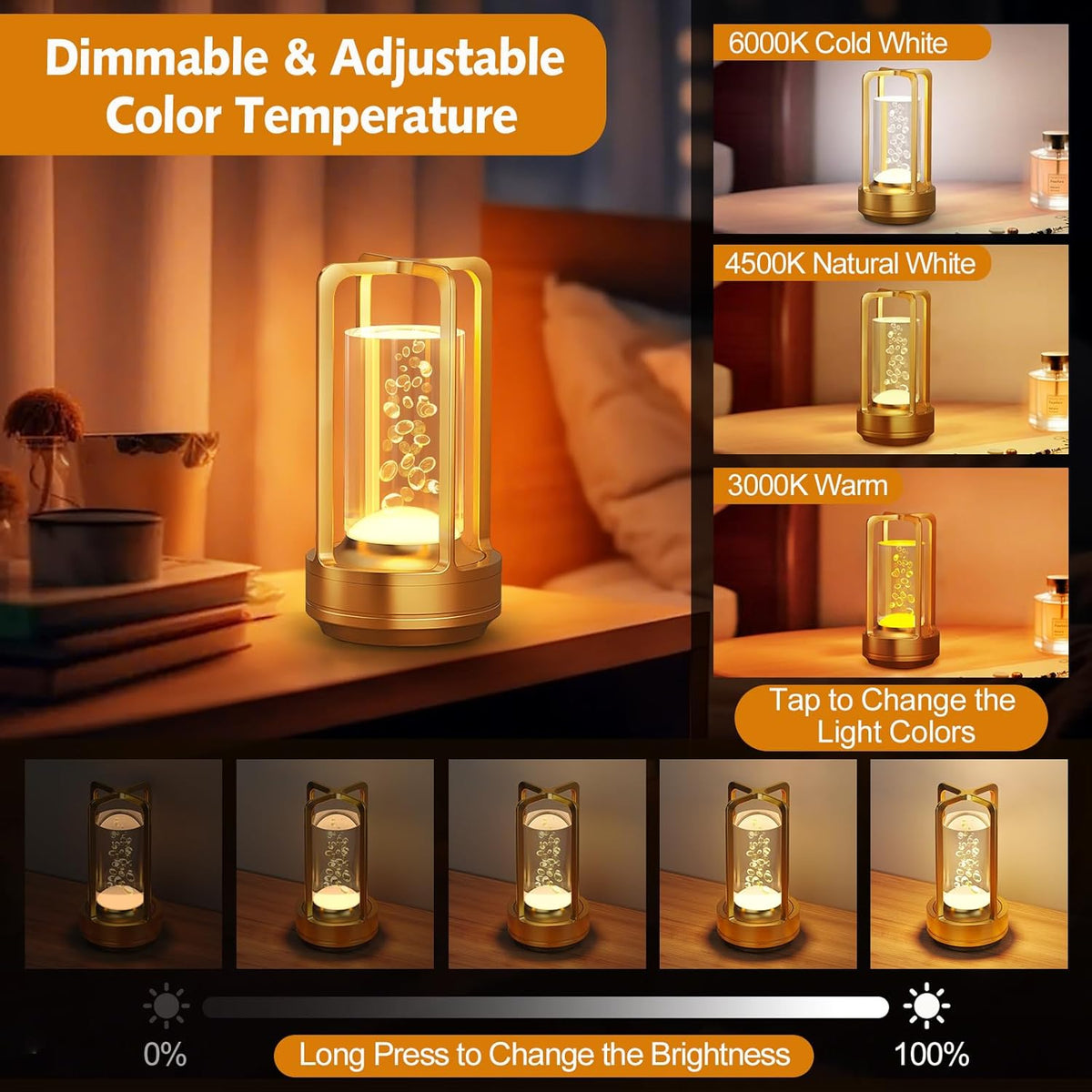 Portable Table Lamp for Outdoor Indoor: Cordless Rechargeable Desk Lamp with 3 Color Stepless Dimmable - Metal Battery Operated Small Lantern Light for Restaurant/Bedroom/Bar/Coffee Shop/Camping