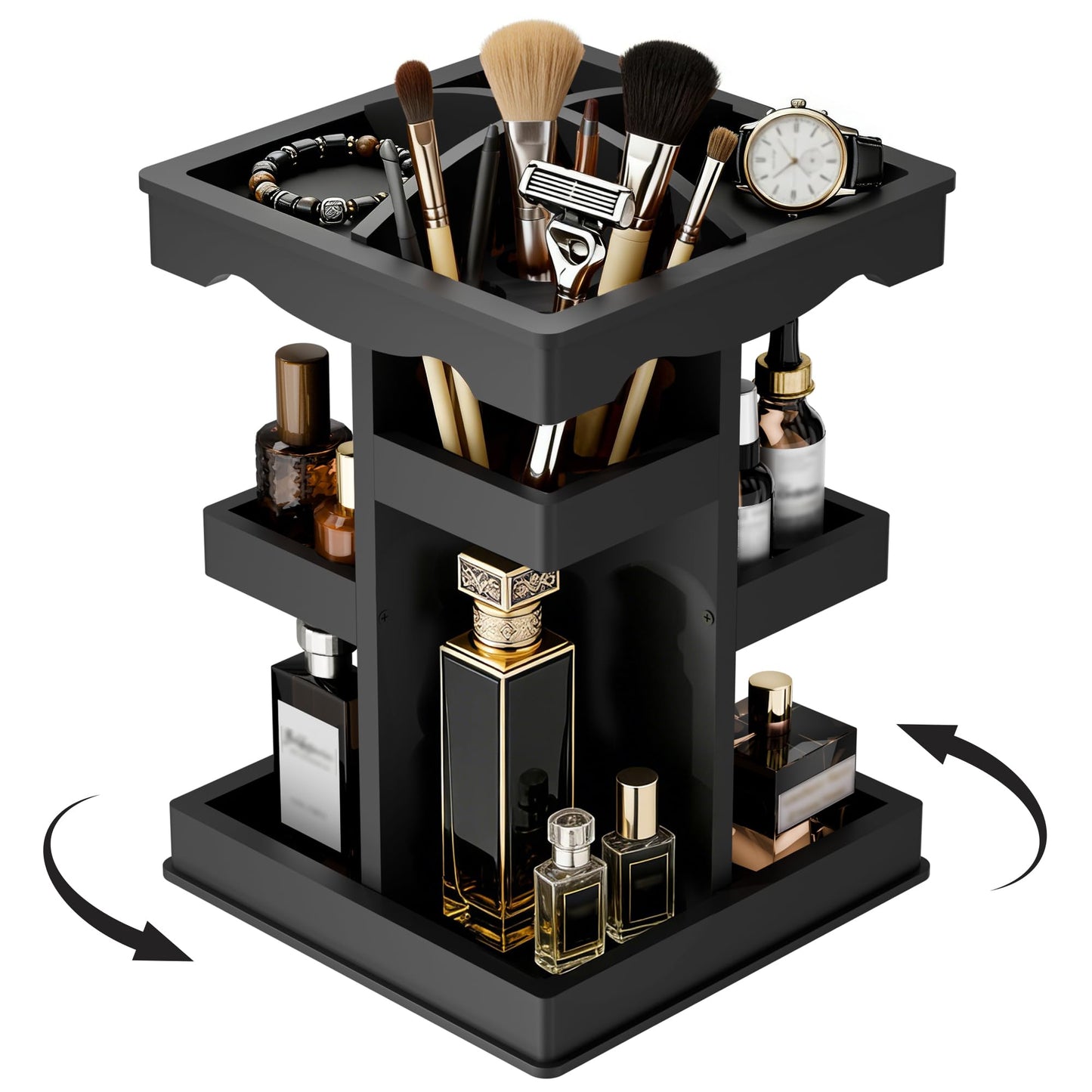 Rotating Cologne Organizer for Men, 3 Tier Wood Cologne Holder Stand with Brush Storage, 360 Spinning Perfume Display Shelf for men's Vanity, Multi-Layer Bathroom Organizers and Storage, Black