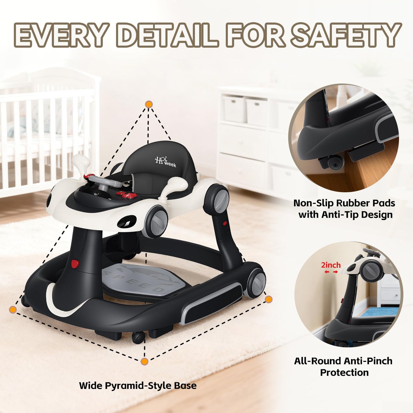 Baby Walker with Wheels, 7-in-1 Foldable Baby Walkers for Boys Girls 6-12 Months with Feeding Tray & Music, Lights,Rocker,Sun Canopy, Bouncing Pedal, Adjustable Wheel Speed, Push Walker (Black)