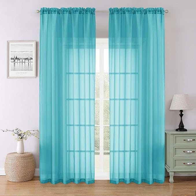 Lecloud Turquoise Sheer Curtains 90 Inches Long 2 Pcs, Soft Airy Light Filtering Home Decor Living Room Curtains for Bedroom, Rod Pockets Window Treatments Solid Drapes, Each Panel 59" W x 90" L