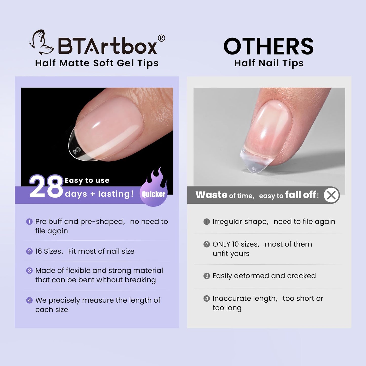 BTArtbox Extra Short Almond Nail Tips - 320pcs Half Matte Soft Gel Tips, Acrylic Pre-Shaped Fake Nails, Clear Ultra Fit & Natural False Nails for Nail Art, 16 Sizes