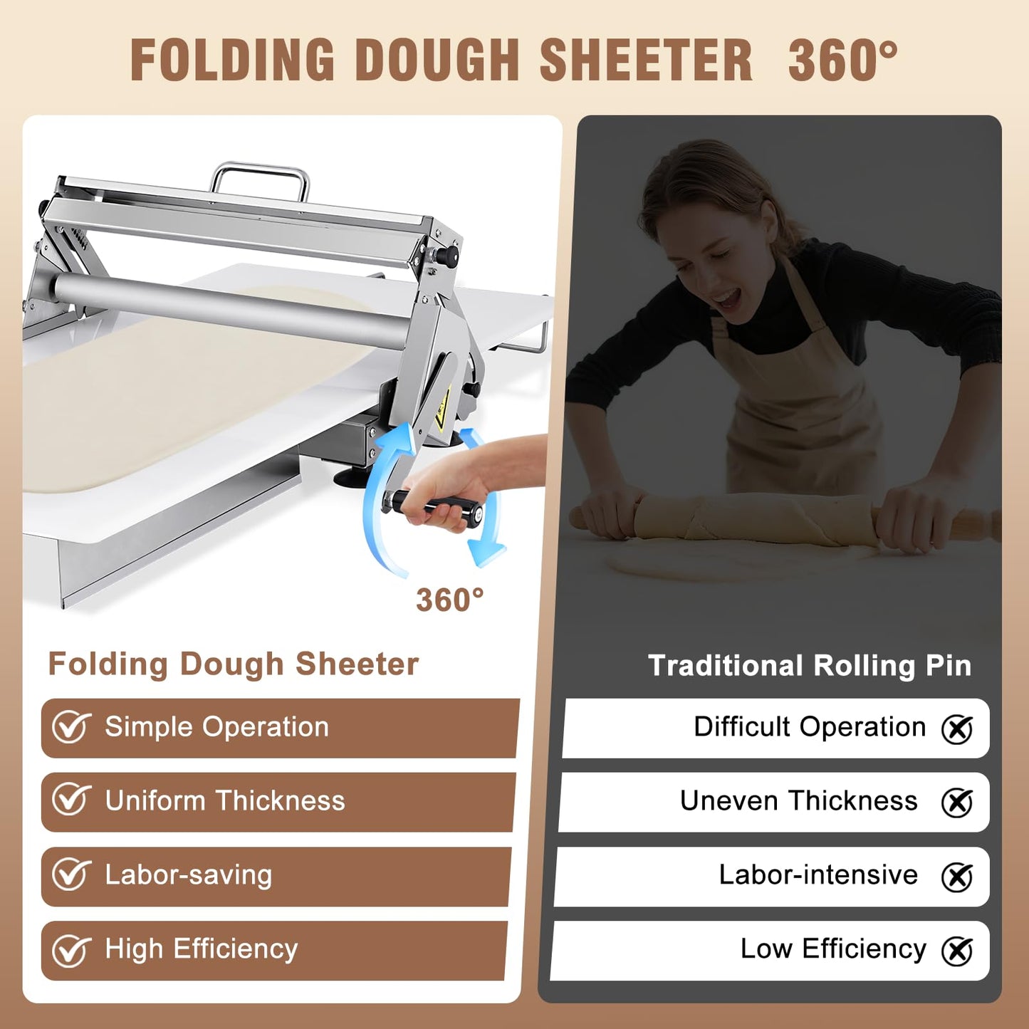 Folding Dough Sheeter 15.5in Manual Dough Sheeter Machine Folding Dough Rolling Machine Pastry Sheeter Stainless Steel Thickness Adjustable 2.5-25MM