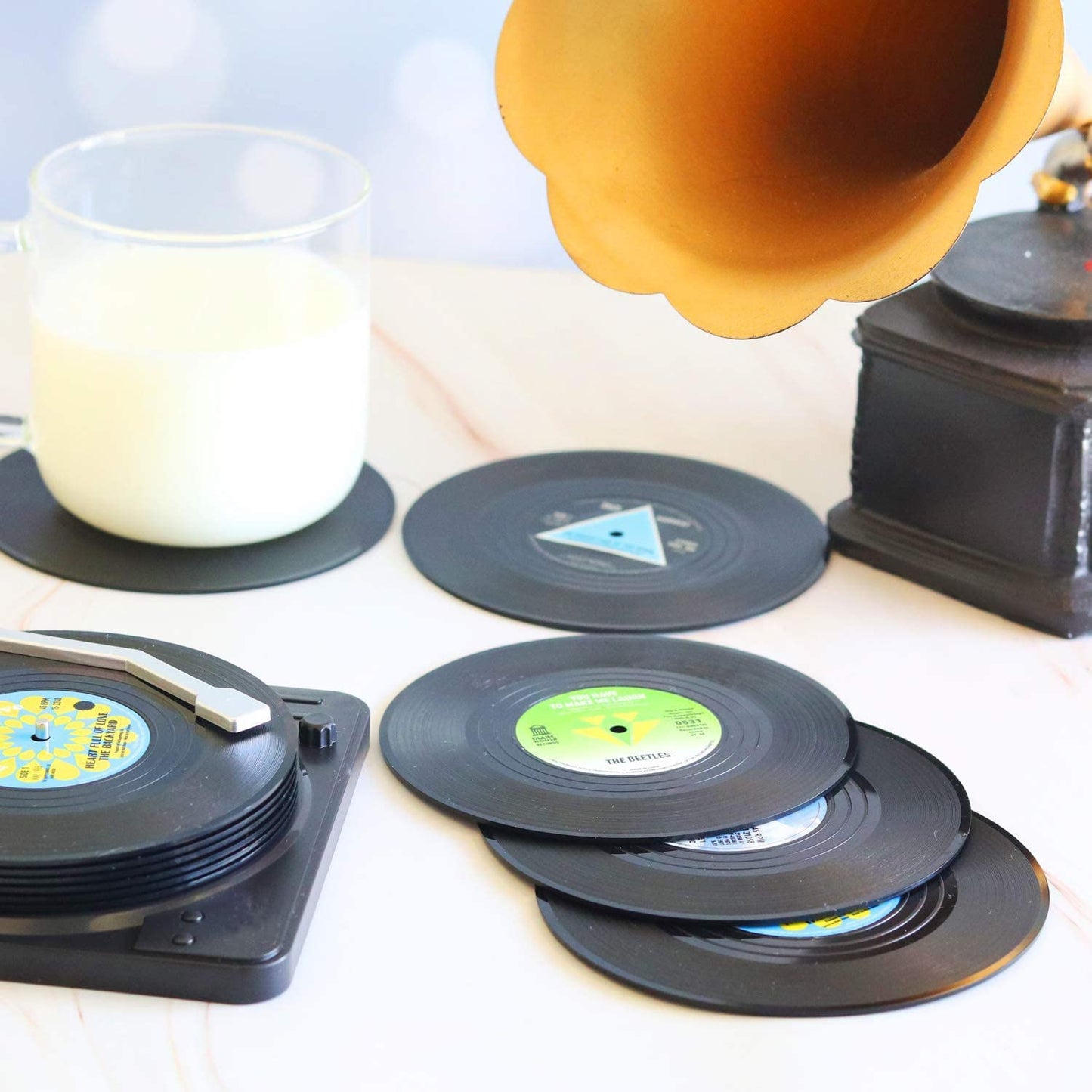 Funny Retro Record Coasters for Drinks with Vinyl Player Holder - Set of 6 Coaster White Elephant Gifts for Music Lovers, Conversation Piece Sayings,Housewarming Hostess Wedding Registry Gift Ideas