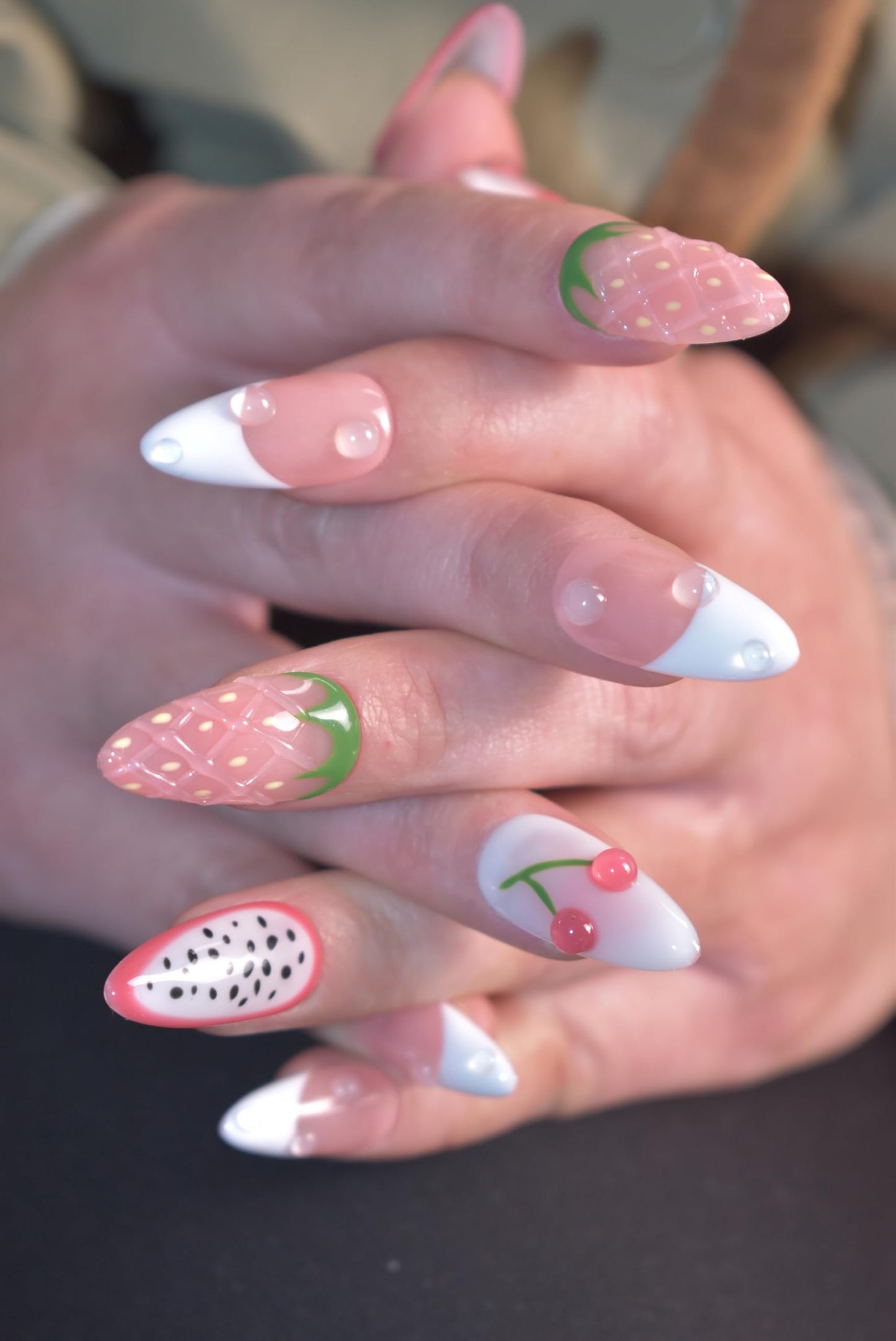 LIFOOST Handmade Press On Nails Medium Almond French False Nail Tips, 3D Pink Fruit Design 10pcs Reusable 3D Cartoon Glue On Acrylic Fake Nails