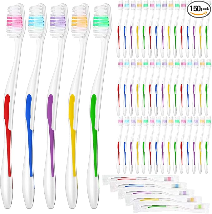 Chengu 150 Pack Individually Wrapped Bulk Toothbrush Disposable Travel Colorful Soft Bristle Ergonomics Handle Toothbrush for Travel, Hotel, Donation,Homeless