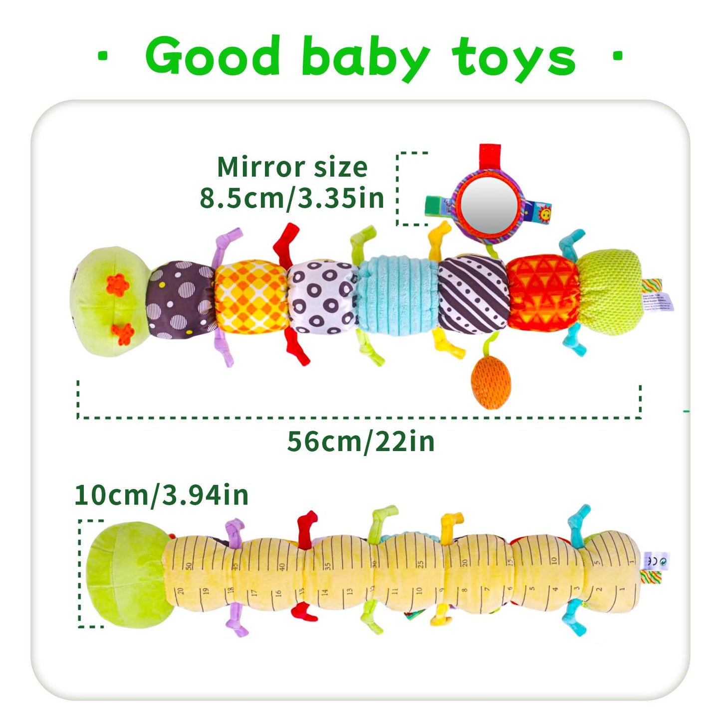SRICH Baby Musical Plush Caterpillar Toy - 0-12 Months Tummy Time & Head Lifting Soft Sensory Toy, Rattle, Rustling Sounds & Mirror for Boys & Girls