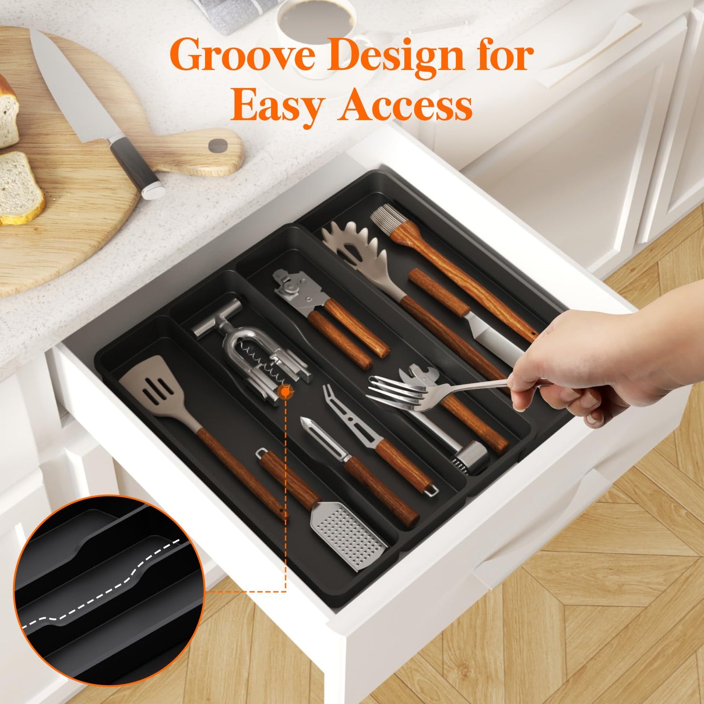 Lifewit Utensil Organizer for Kitchen Drawer, Expandable Cooking Silverware Tray, Adjustable Cutlery Flatware Holder, Plastic Spatula Tools Storage Divider, 17.3 x 15.8", Black