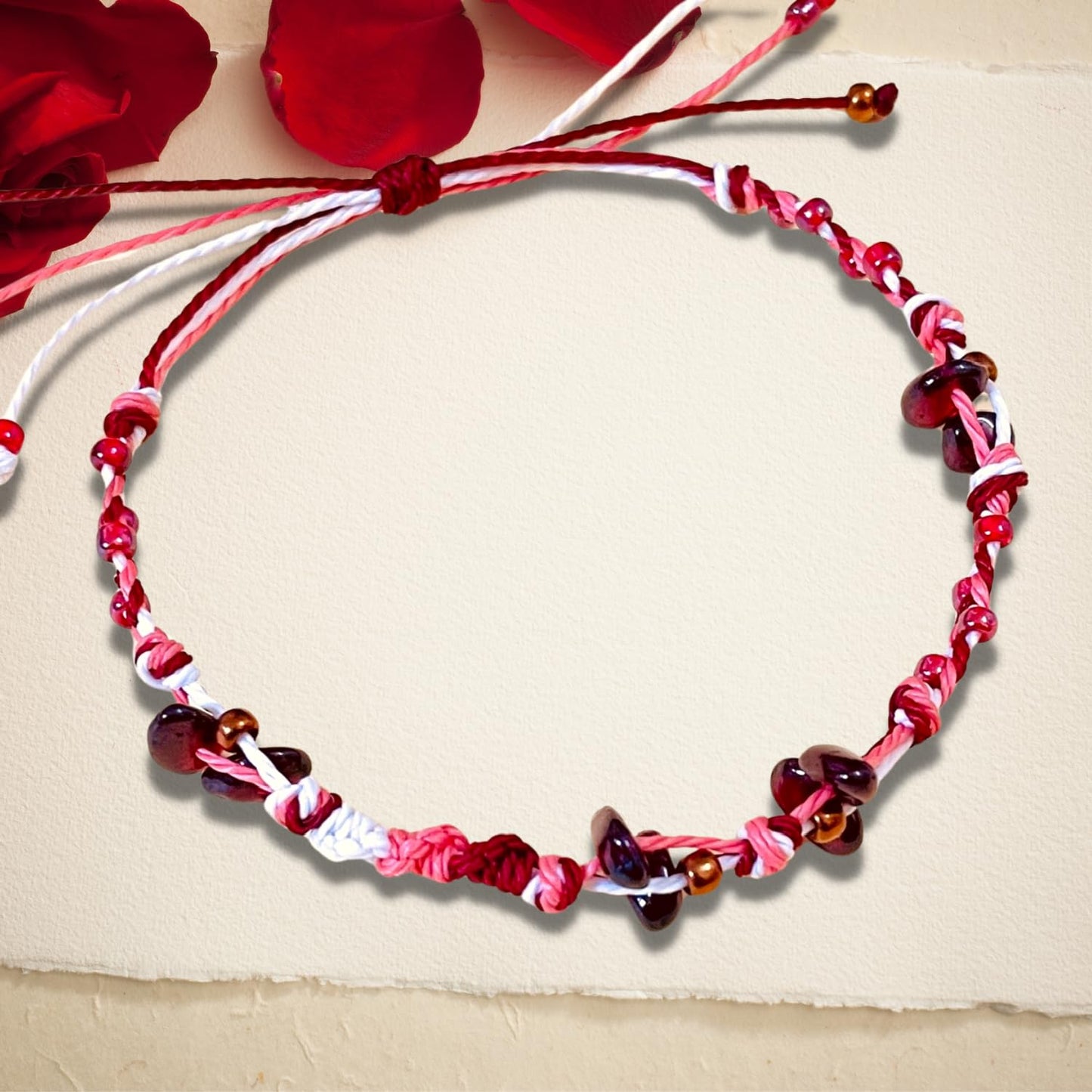 PusSoul Handmade Small Garnet Crystal Bracelet (6.5-7.5'') - Hand Braided, Natural Crystal, Adjustable, Waterproof, Chakra Beaded - Valentine Gifts for Women, Girlfriend & Couples from