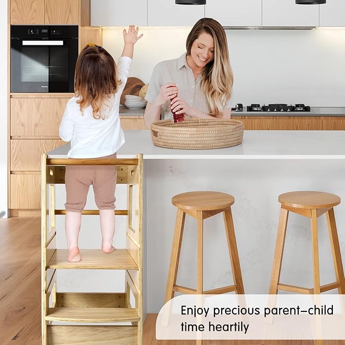 ECOMEX Toddler Standing Tower Kitchen Step Stool for Kids - Adjustable Height Learning Stool with Removable Safety Rail for Bedroom, Bathroom, Natural