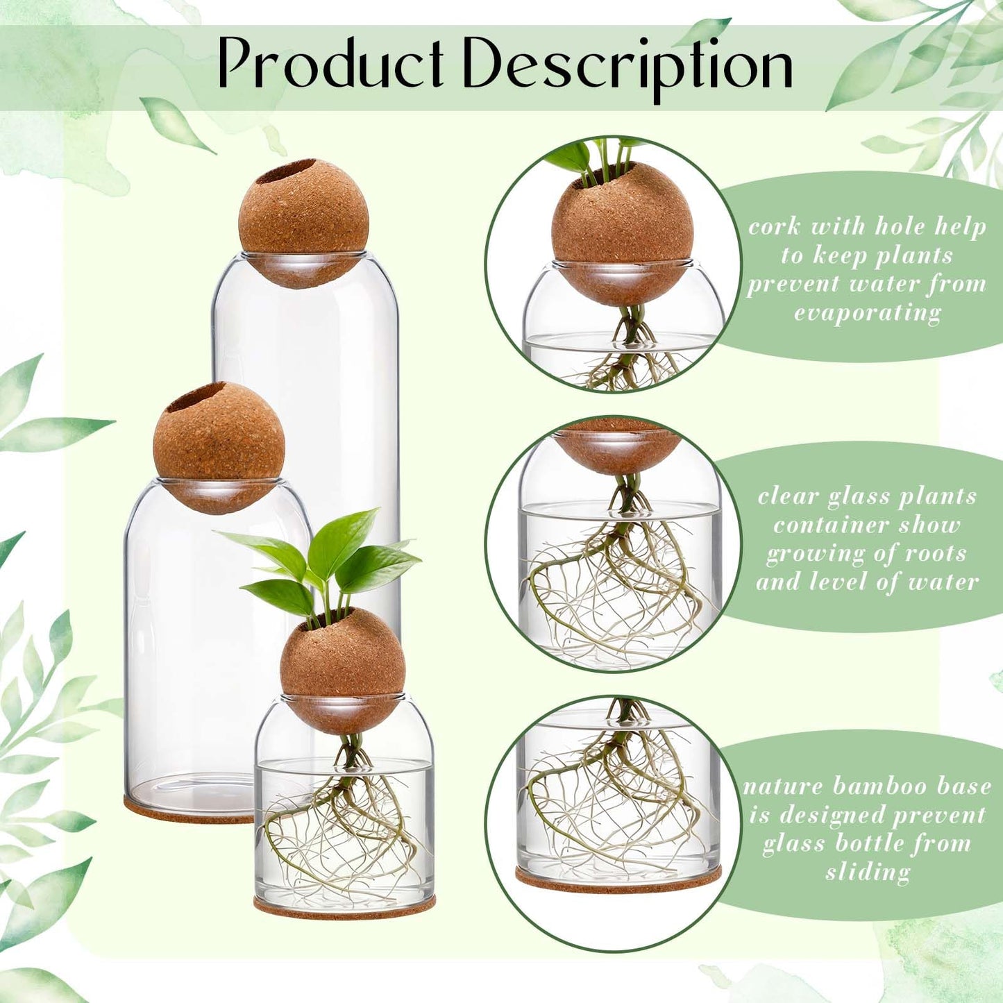 Baderke 3 Pcs Glass Plant Propagation Stations for Plants with Spherical Lids and Cork Coasters Hydroponic Spherical Cork Planter Desktop Vases for Plants Cuttings Home Office Tabletop Decor
