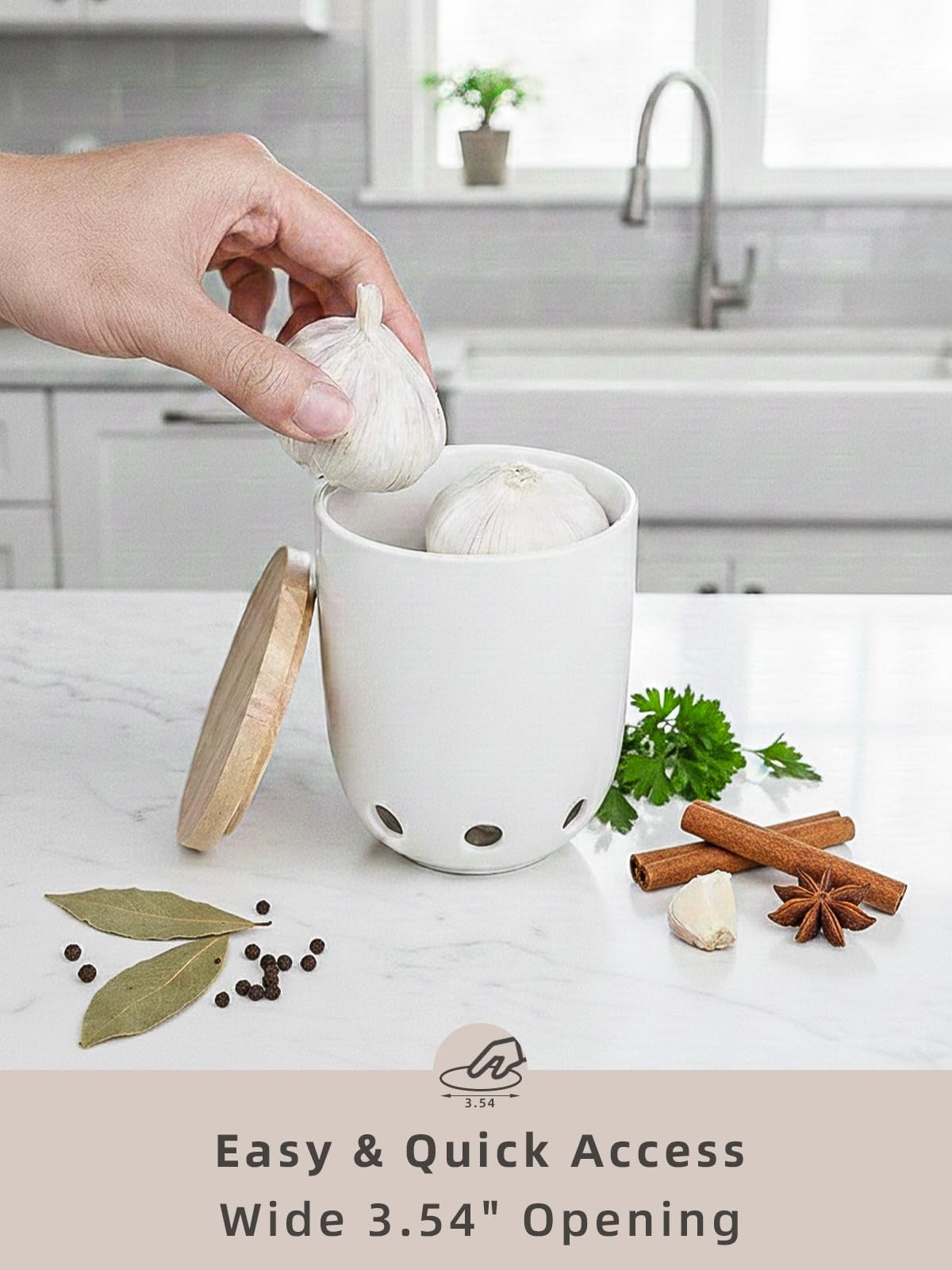 LEETOYI Ceramic Garlic Keeper for Counter, Garlic Holder with Wood Lid, Garlic Container for Kitchen, Garlic Saver to Keep Your Garlic Cloves Fresh Longer (White)