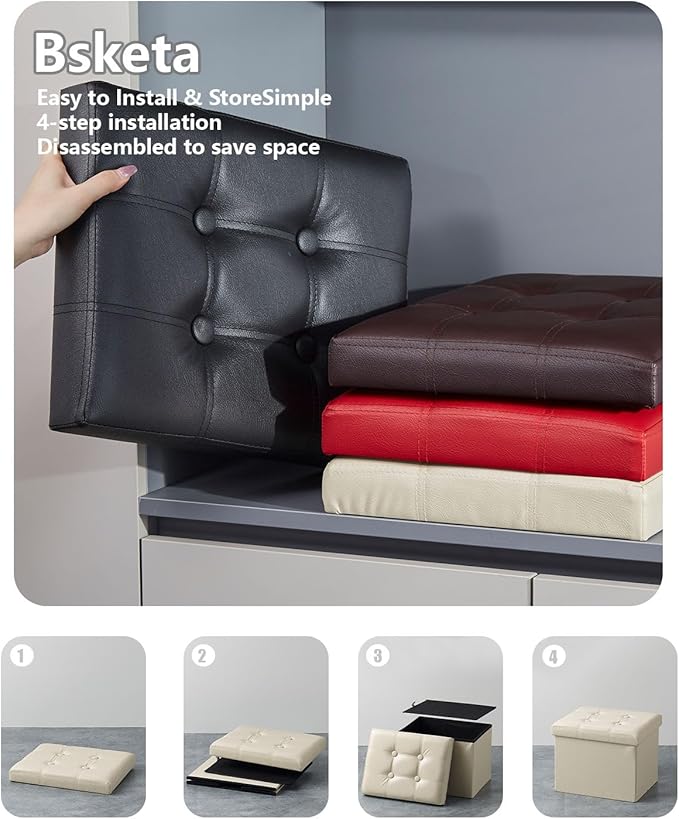 Storage Ottoman, Folding Foot Stool with Thicker Foam Padded Seat Small Leather Storage Ottoman Bench Foot Rest for Living Room Foldable Coffee Table 17x13x13in,Beige