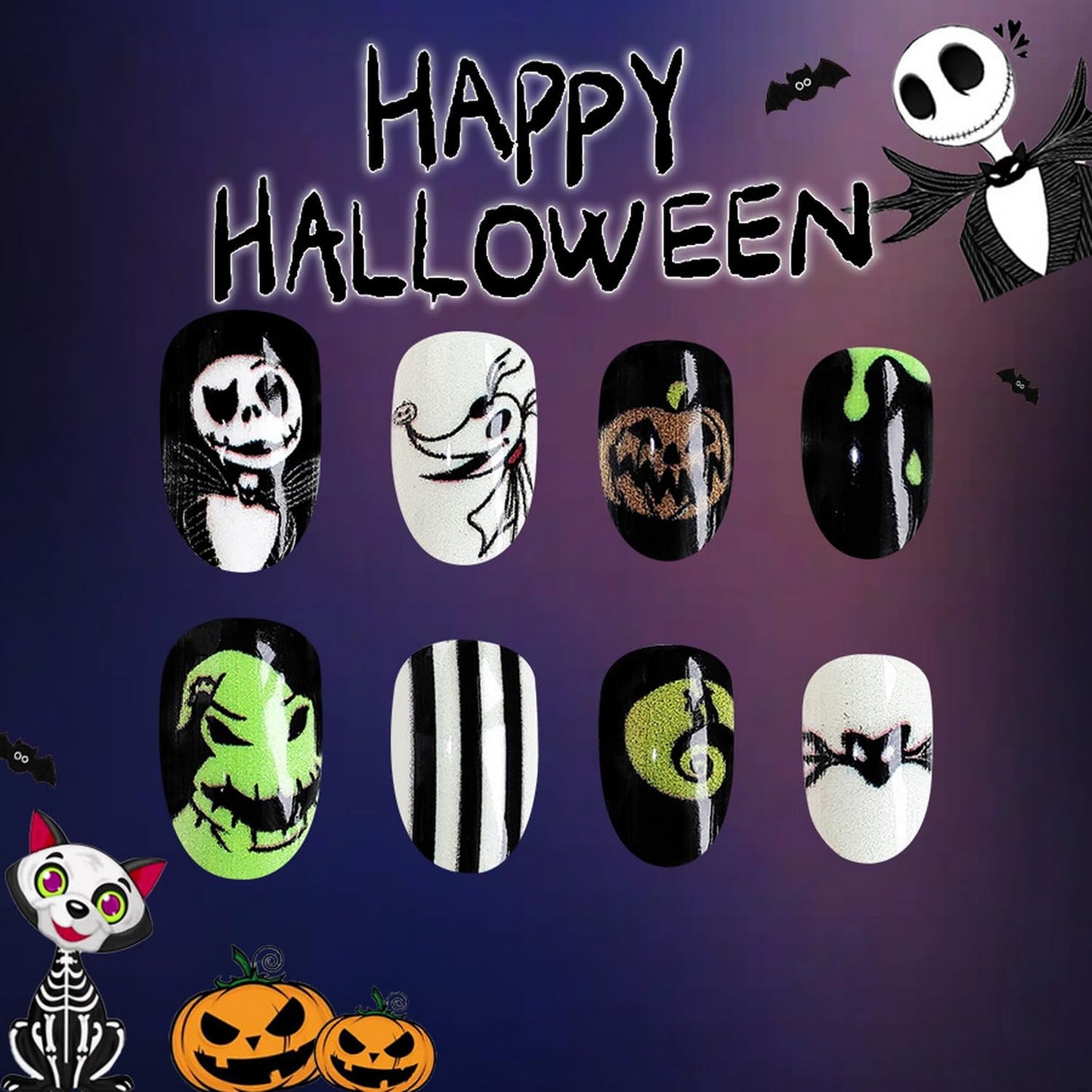 Halloween Press on Nails Short Almond Fake Nails with Skeleton Bat Pumpkin designs Spooky Nails Glossy Stick on Nails Black White Stripe False Nails Glue on Nails for Women Halloween Press ones 24pcs