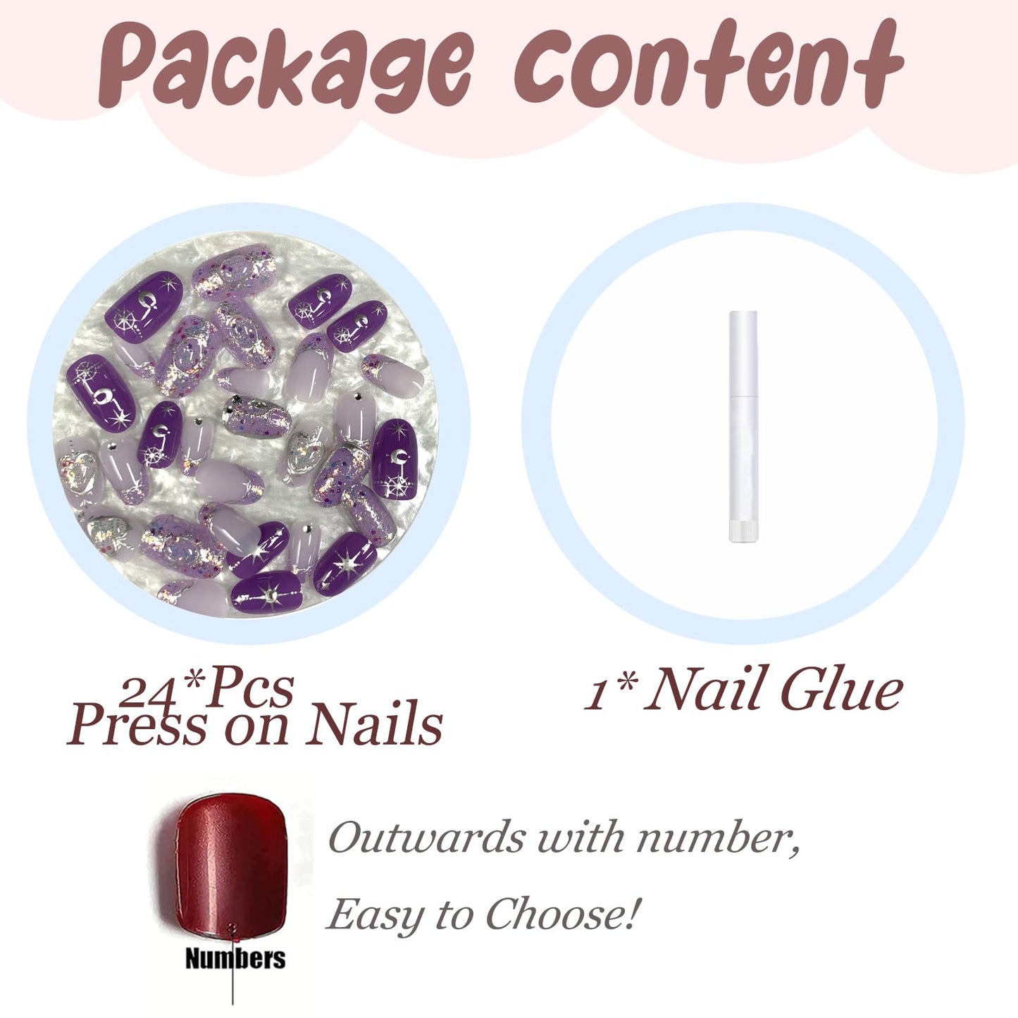 BABALAL Short Round Press on Nails - Purple Fake Nails, Glitter Shiny Design, Heart Moon Star Cute, Y2k Glossy Acrylic False Nails with Charm