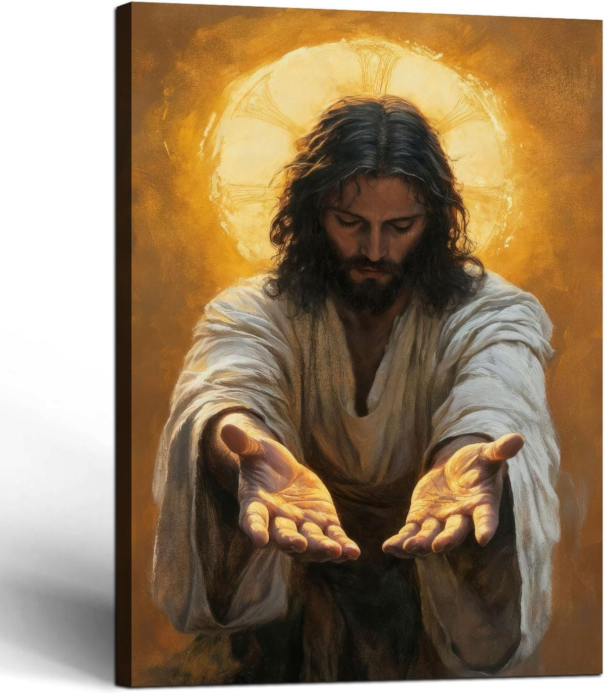 Framed Jesus Canvas Wall Art Painting with Gold Halo Christian Religious Poster Inspirational Christian Gallery Decor Painting Home Church Prayer Room Wall Hanging Print 16x24 Inch Ready to Hang