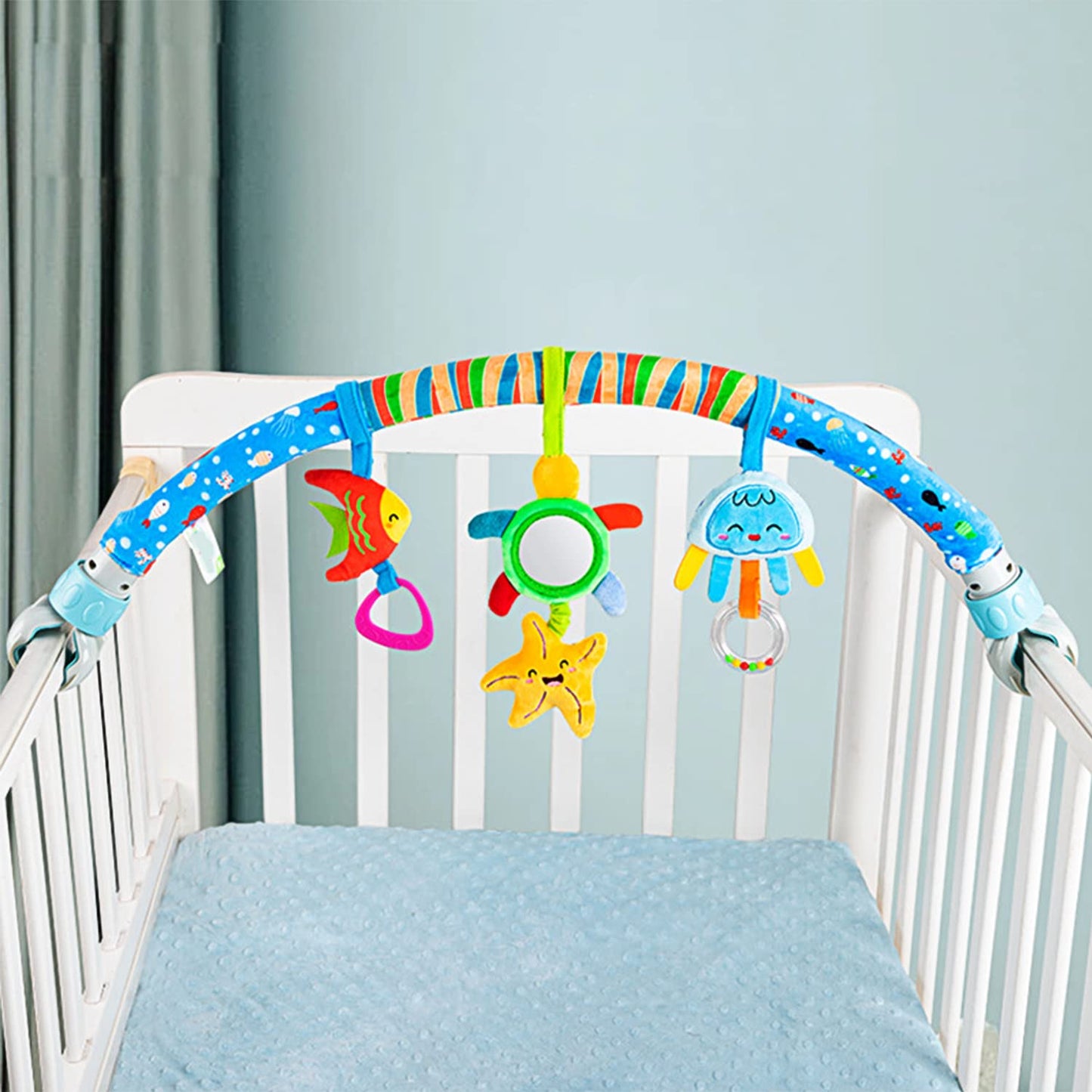 Caterbee Baby Baby Bouncer Toy bar, Clip on Crib & Pram Activity Bar Toy Travel Arch Bassinet Toys for Toddlers (Star)