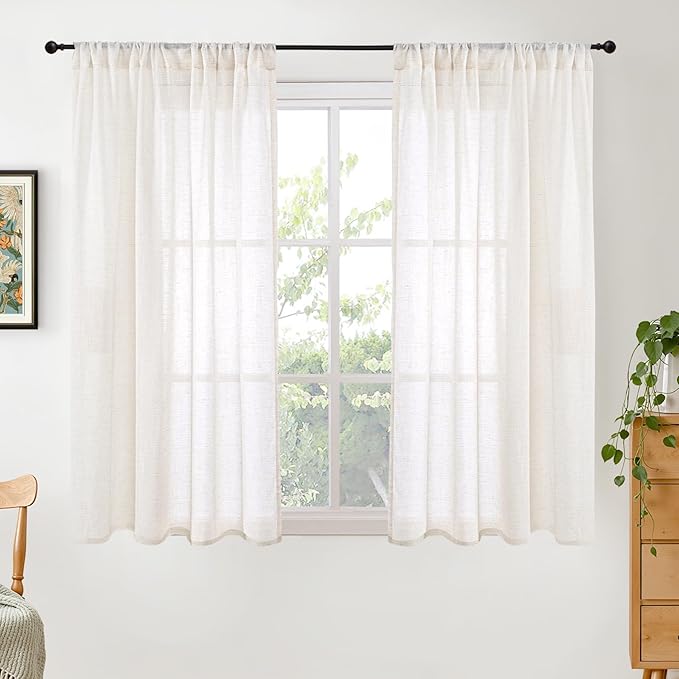 BGment 45 Inch Length Linen Semi Sheer Curtains for Living Room Window - Short Drapes Light Filtering Natural Rustic with Rod Pocket for Bedroom Lightweight, 2 Panels Set, 42 X 45 Inch