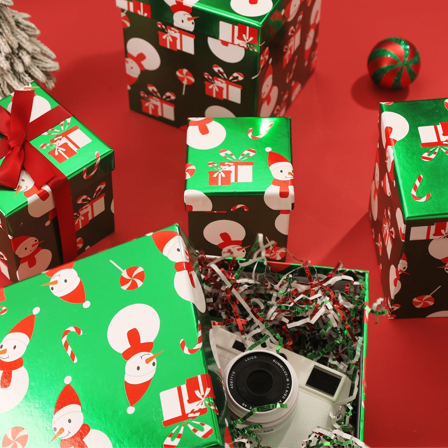 PAPER FAIR 5PCS Christmas Snowman Nesting Gift Boxes Set, Green Foil Mirror Candy Cane Lollipop Square Cardboard Nested Box w/Lid, for Gift Wrapping Holiday Present Birthday, Assorted Size