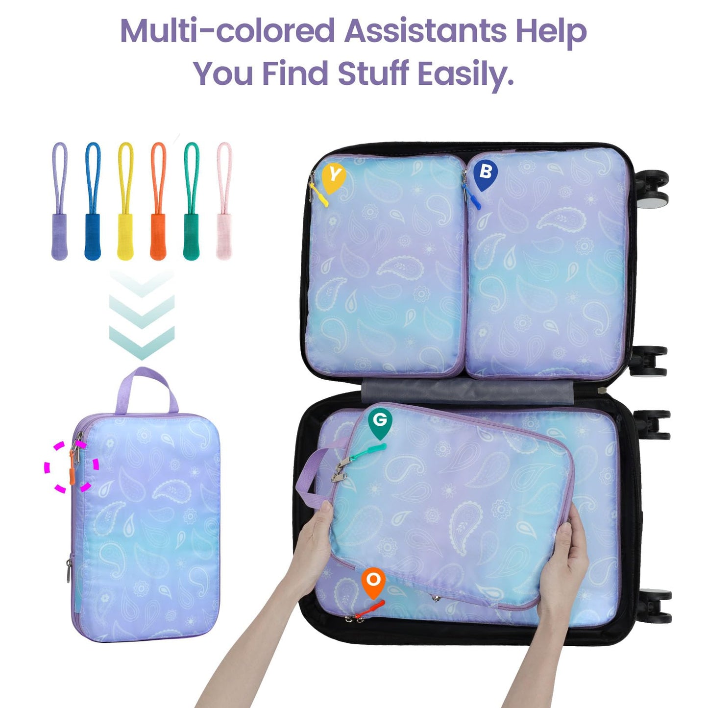Cambond Compression Packing Cubes Travel - 5 Set Packing Cubes for Suitcases, Lightweight Expandable Luggage Organizers Space Saver Compression Cubes with Makeup Bag, White Blue Purple Gradient