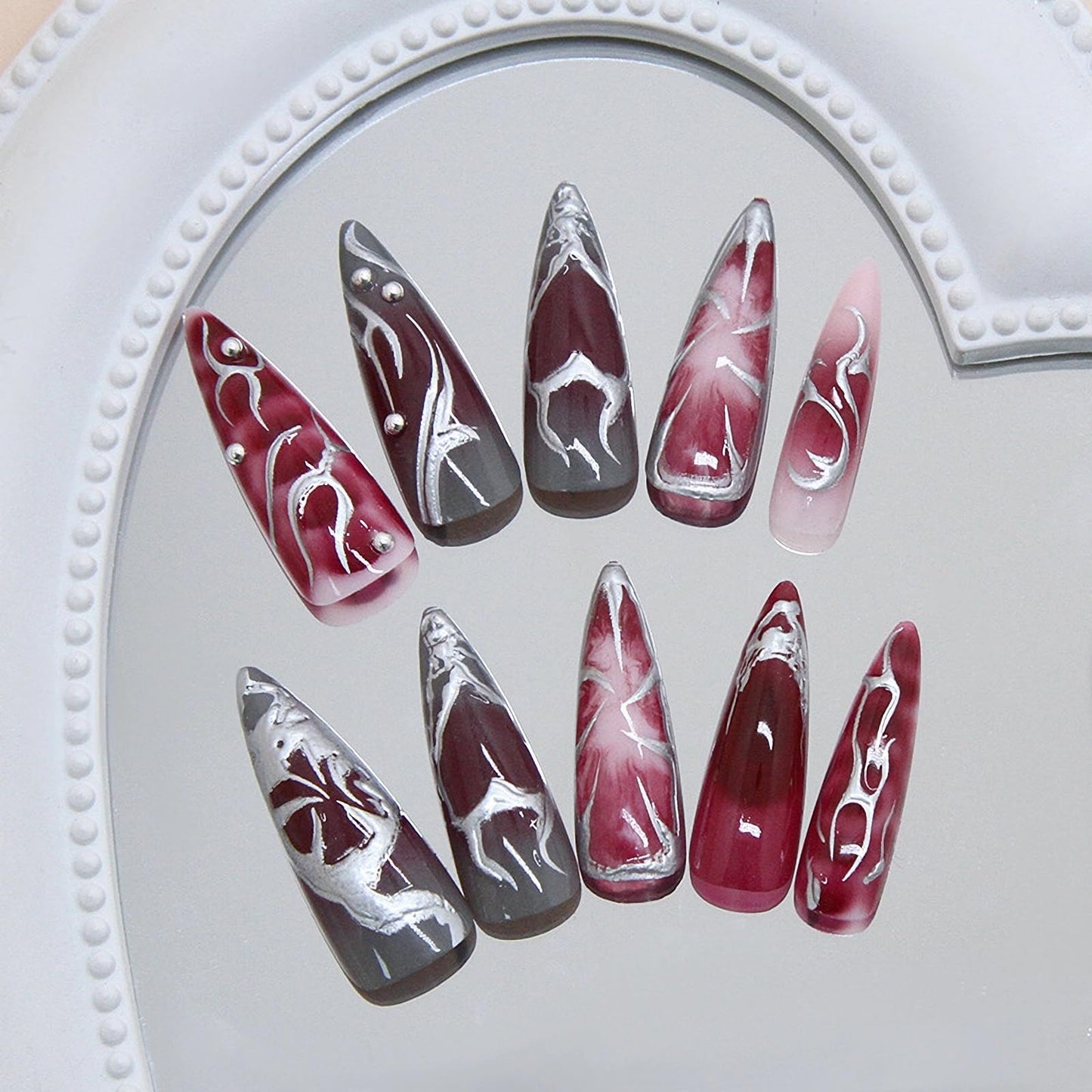 MISUD Press on Nails - Long Stiletto Fake Nails with Goth Red Gray, Acrylic Silver Chrome Design 24 pcs