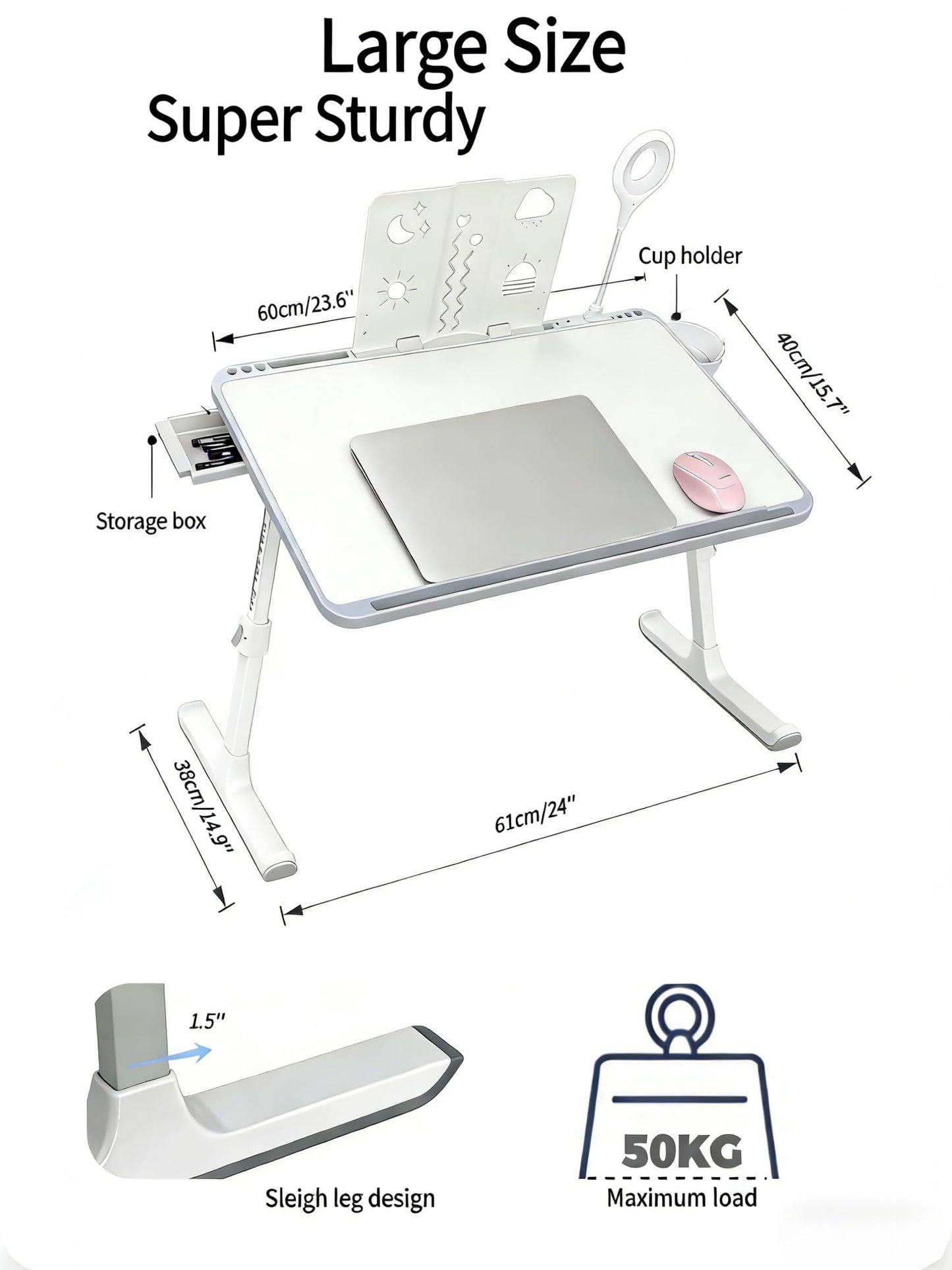 Admireshun Laptop Lap Desk with Storage Compartment, USB Ports, Cup Holder, and Book Shelf. Ideal for Office Work, Drawing, Dining, Gaming, and More.