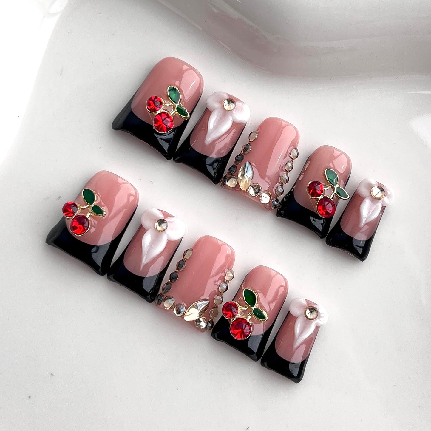 Black French Tip Press on Nails Short Duck Handmade Acrylic Nails 3D Floral Thick Fake Nails with Rhinestones Flower Cherry Designs Elegant Sturdy Art False Press on Nail 10Pcs(S)