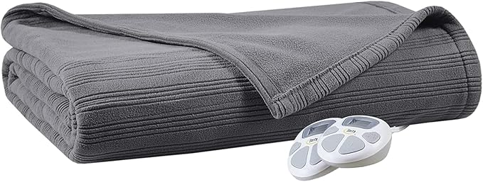 Serta Travis Fleece Ultra Soft Tri-Rib Textured Electric Blanket, Cozy and Snuggly Cover Fast Heating for Cold Weather, Auto Shut Off, Multi Heat Setting Controller, Queen, Charcoal