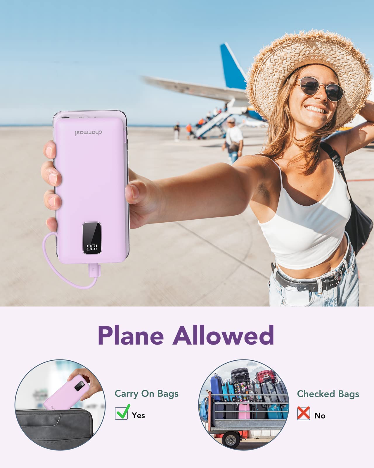 charmast Portable Charger with Built-in Cables & Wall Plug, 10000mAh Portable Power Bank, External Battery Pack Travel Essentials Compatible with iPhone 16/15/14/13, Samsung, iPad etc
