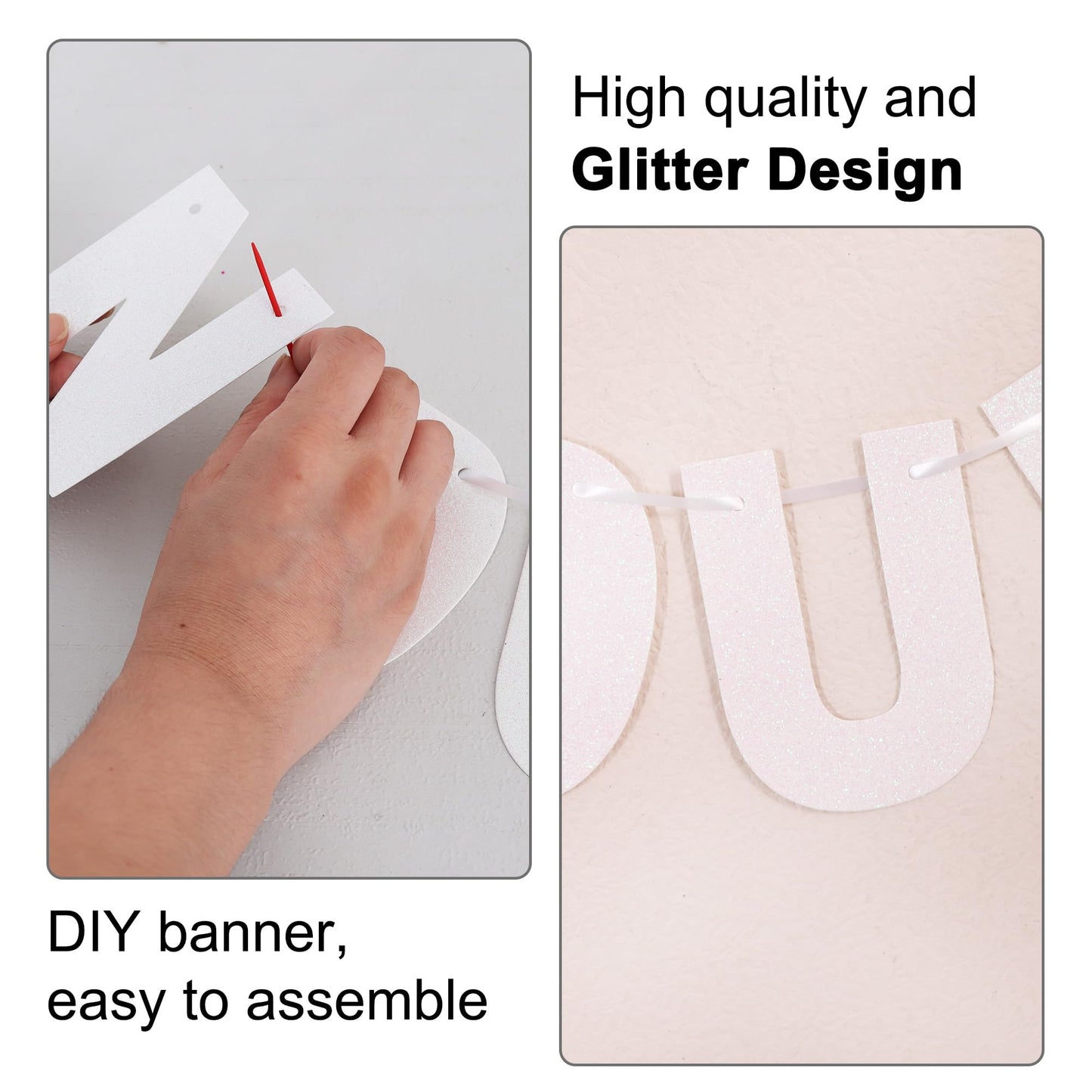 BEISHIDA 116 PCS A-Z DIY Letter Banner Kit Make Your Own Banner Including 111 Letters and Numbers 3 Rope and 2 Threading Device,Customized for Birthday Graduation Wedding Decor Glitter White