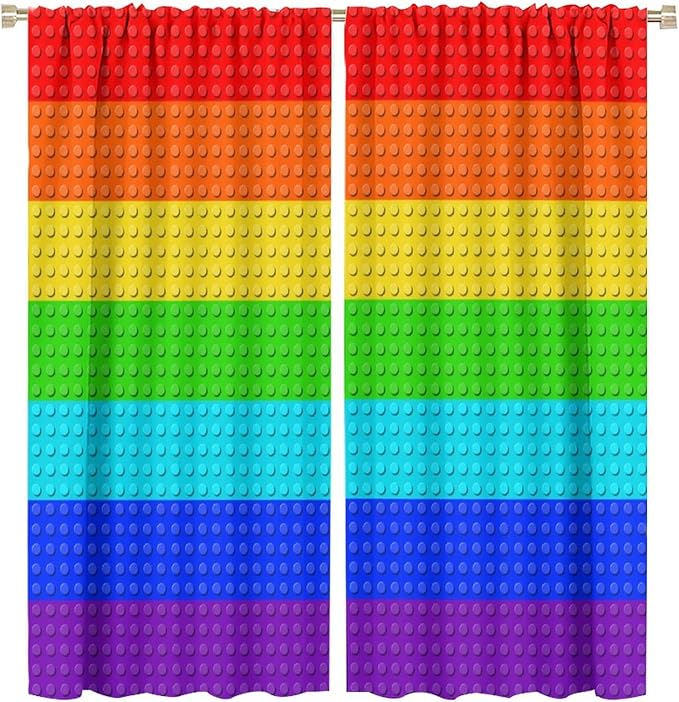 Colorful Building Block Toy Curtain Rod Pocket Children's Nursery Rainbow Contour Plastic Toy Brick Geometric Print Pattern Curtain Boys Girls Bedroom Playroom 2 Panels 63x72in