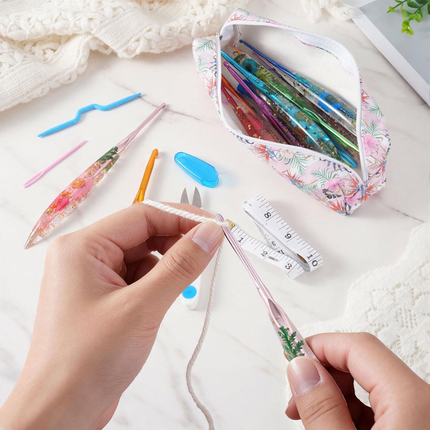 Jieting 9 Sizes Ergonomic Crochet Hooks Set 2.0mm–6.0mm with Floral Handles, Crochet Hook Kit for Beginners, Smooth Yarn Crochet Needles with Storage Bag & Accessories for Knitting Lovers