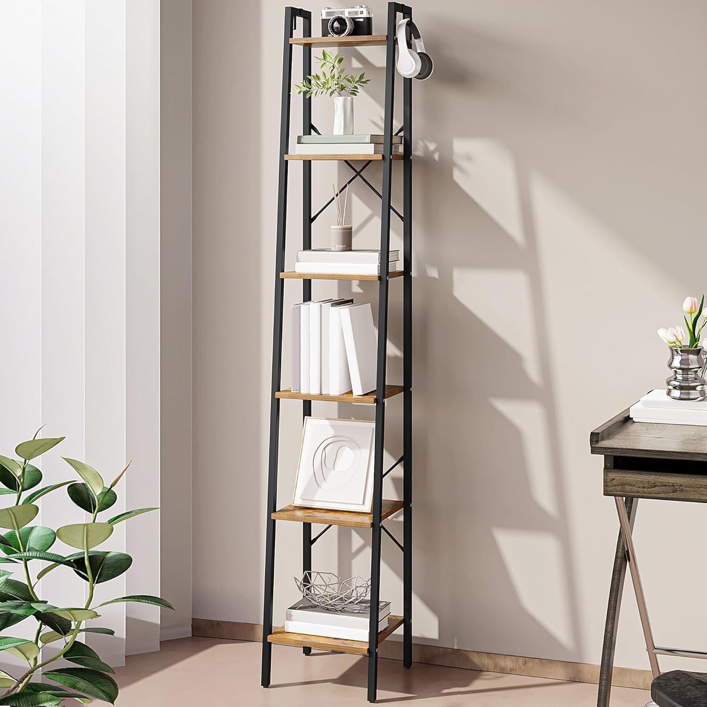 Hzuaneri Ladder Shelf, Bookshelf Bookcase, Freestanding Corner Storage Shelve with 2 Hooks for Home Office, Living Room, Kitchen, Bedroom, Industrial, 11.8"D x 13.4"W x 72.8"H, Rustic Brown BC13301B