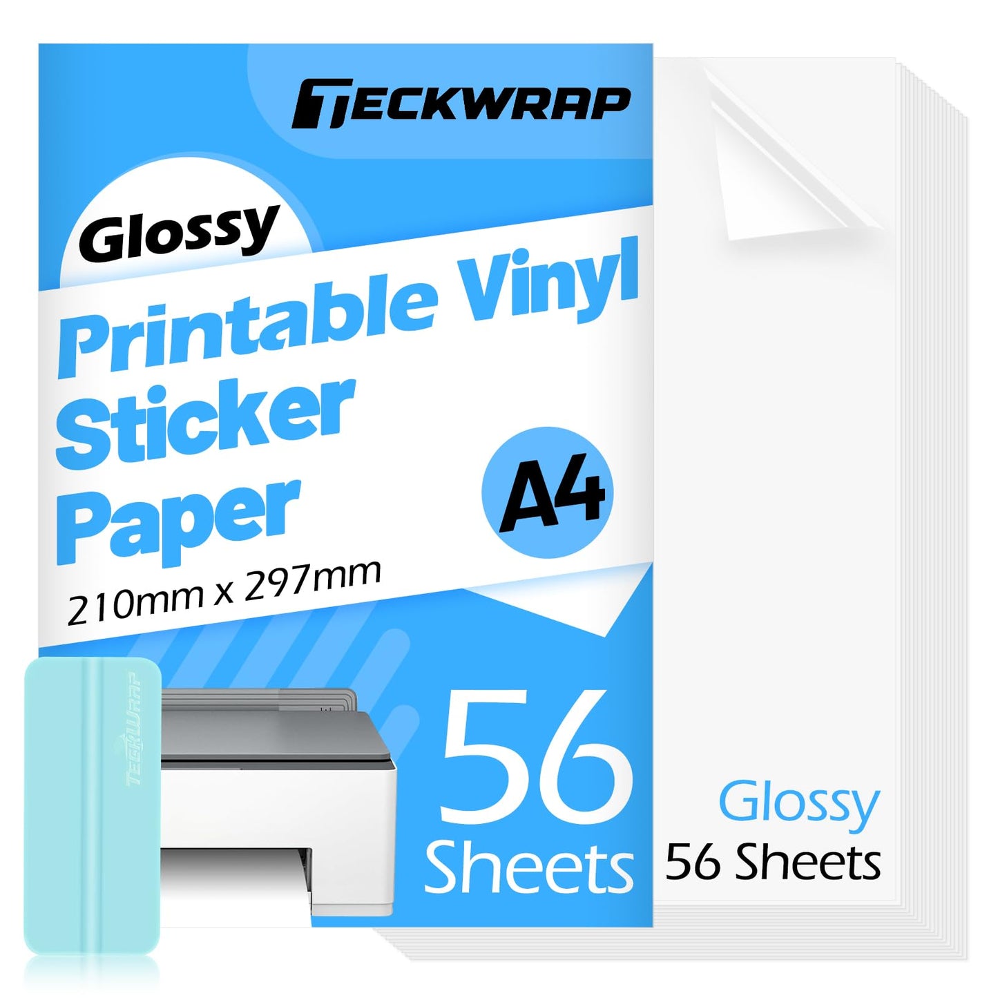 TECKWRAP Printable Vinyl Sticker Paper for Inkjet Printer, Glossy Inkjet Printable Vinyl, 8.26" x 11.69" A4 56 Sheets/Pack Printing Paper for Craft Scrap-Booking, Stickers, Labels