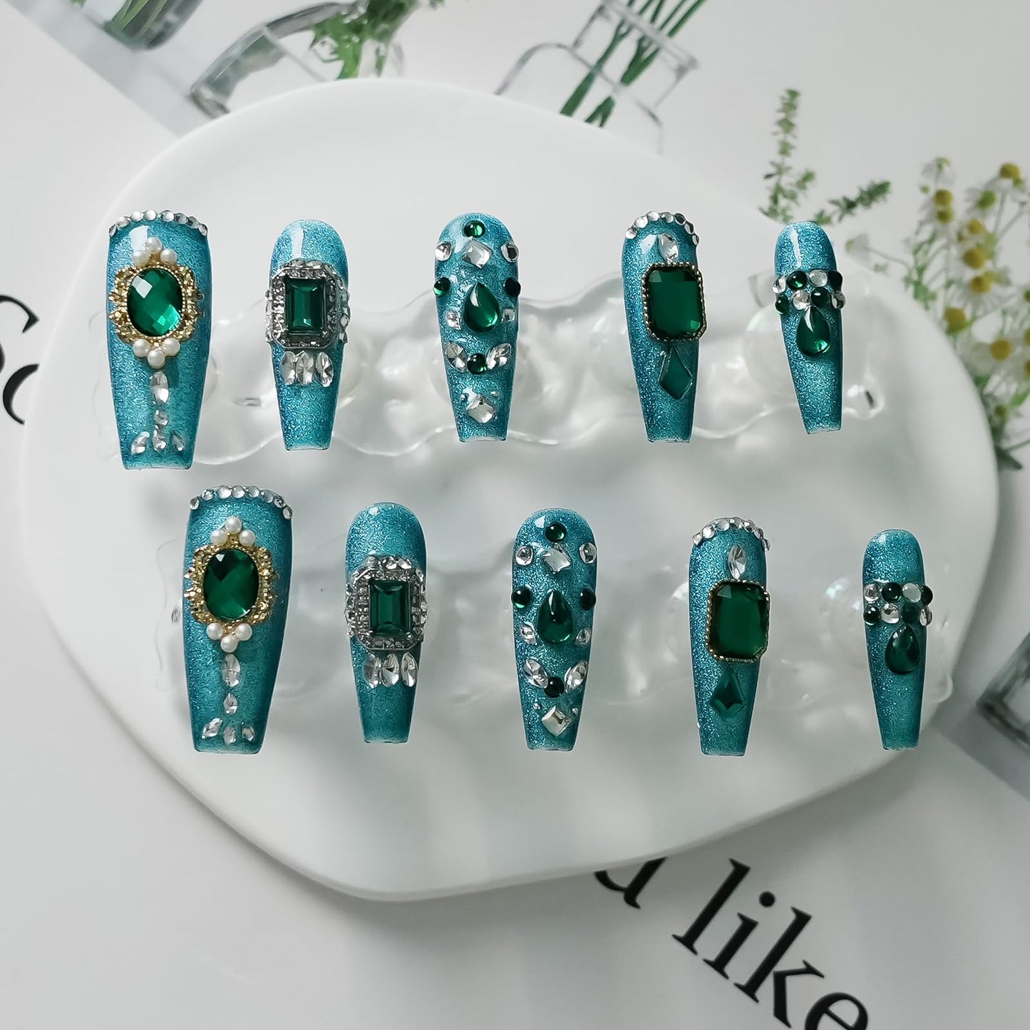 Tesytto Handmade Emerald Green Press on Nails with 3D Luxury Crystals - Long Coffin Fake Nails for Wedding Prom, Reusable Salon Quality Stick on Nails(Emerald Green Sparkle,M)