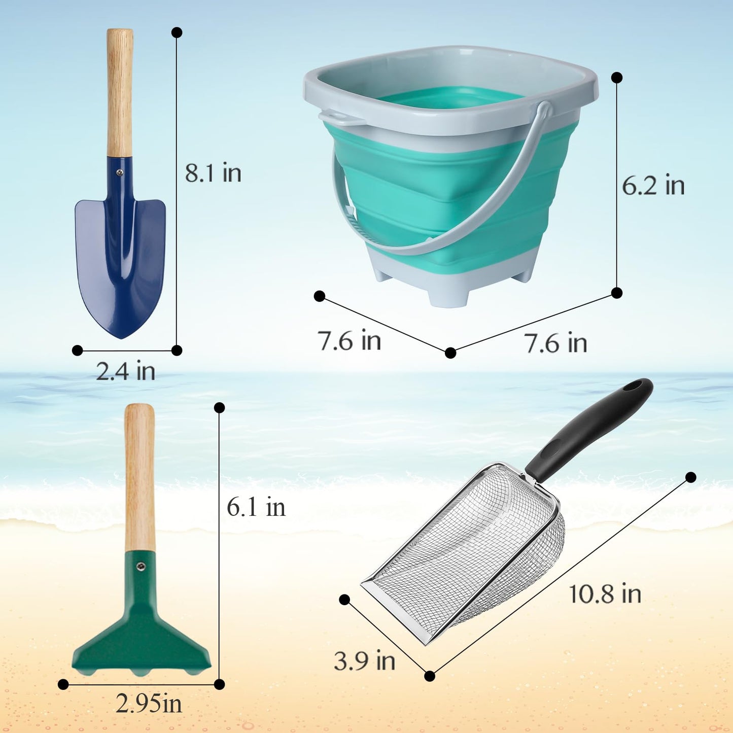 LIDAGO 5 Pcs Sand Toys Beach Set Include 1 Metal Shovel,1 Metal Rake,1 Foldable Beach Bucket & 1 Sand Sifter with 1 Mesh Beach Bag for Shells Collecting