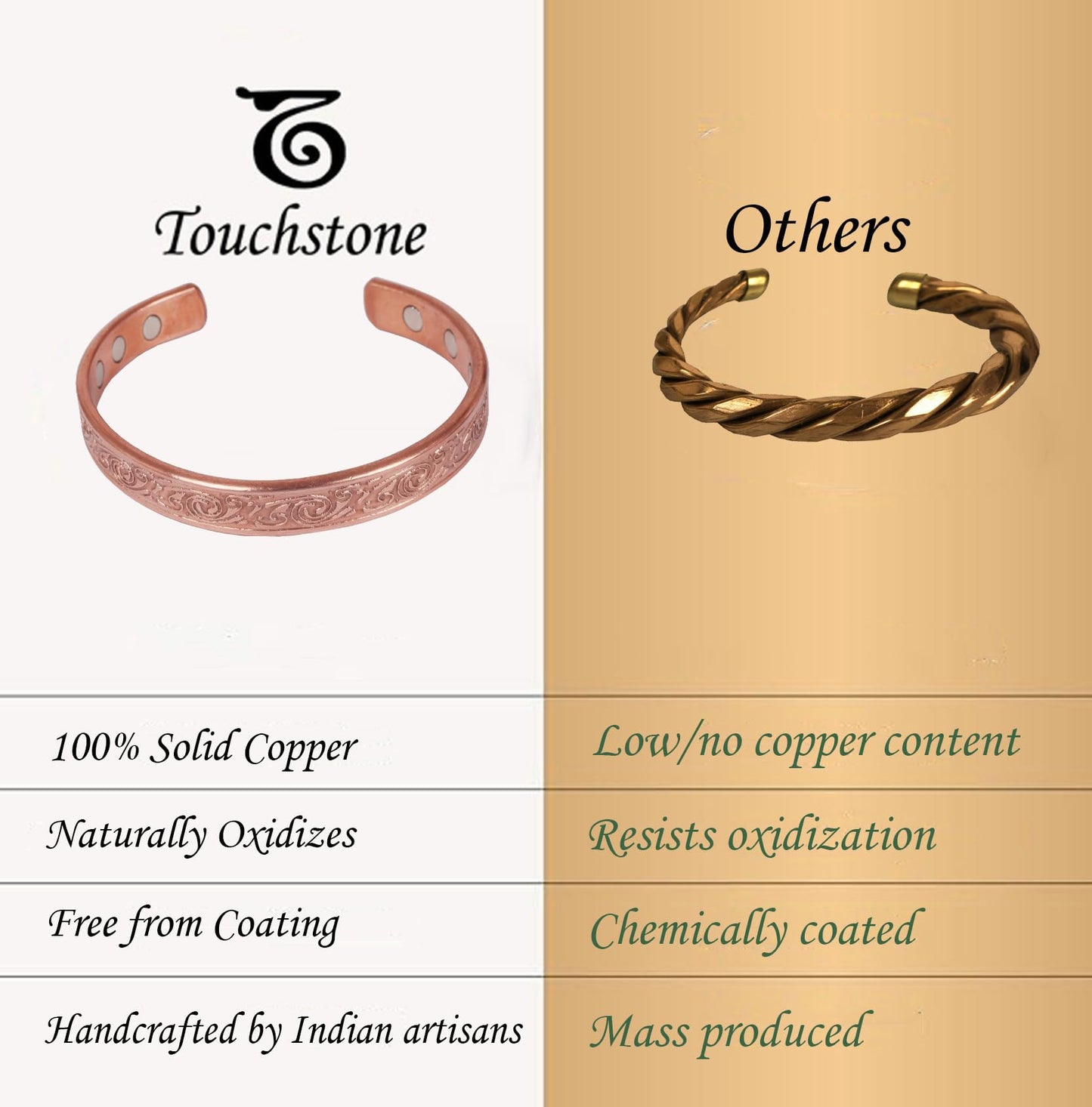 Touchstone handcrafted magnetic copper bracelet. Hand forged with solid and high gauge Tibetan style engraved cuff pure copper jewelry for women men. Elegant minimalist design.