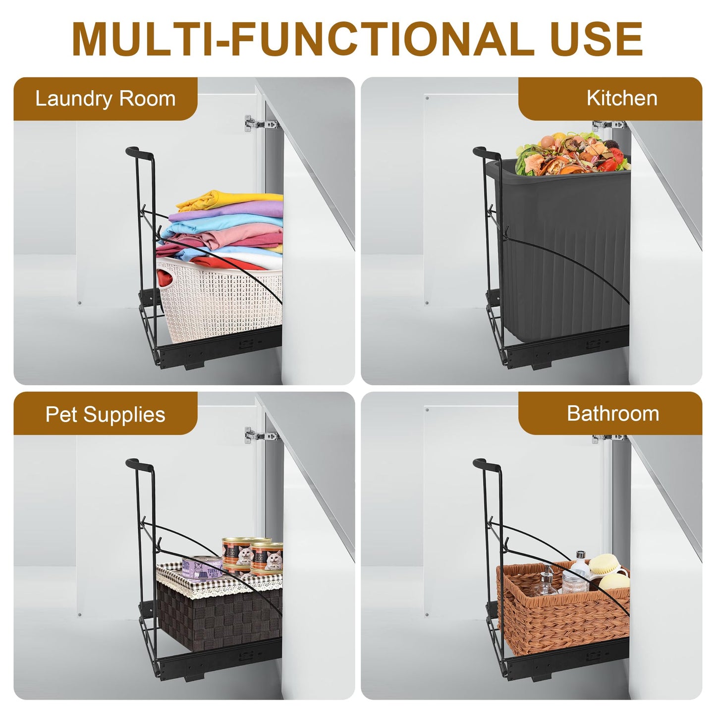 Dooniass Pull Out Trash Can Under Cabinet Trash Can Organizer with Soft Close Rail Adjustable Cabinet Trash Can Pull Out Kit Under Sink Slide Out Shelf(Bin Not Included), Fits 7-13 Gallon