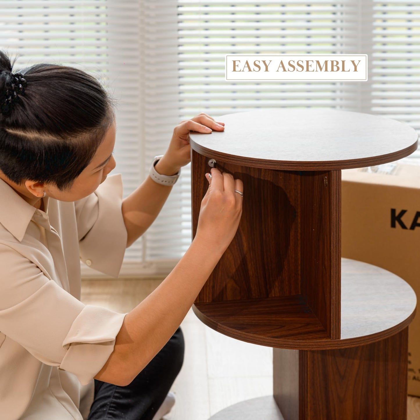 KAYMILY Round End Tables, Mid Century Modern 3 Tier Side Table for Living Room, Bedroom, Office, 25" Tall Accent Nightstand with Open Storage Shelves, Easy Assembly, MDF Wood - Stationary - Walnut