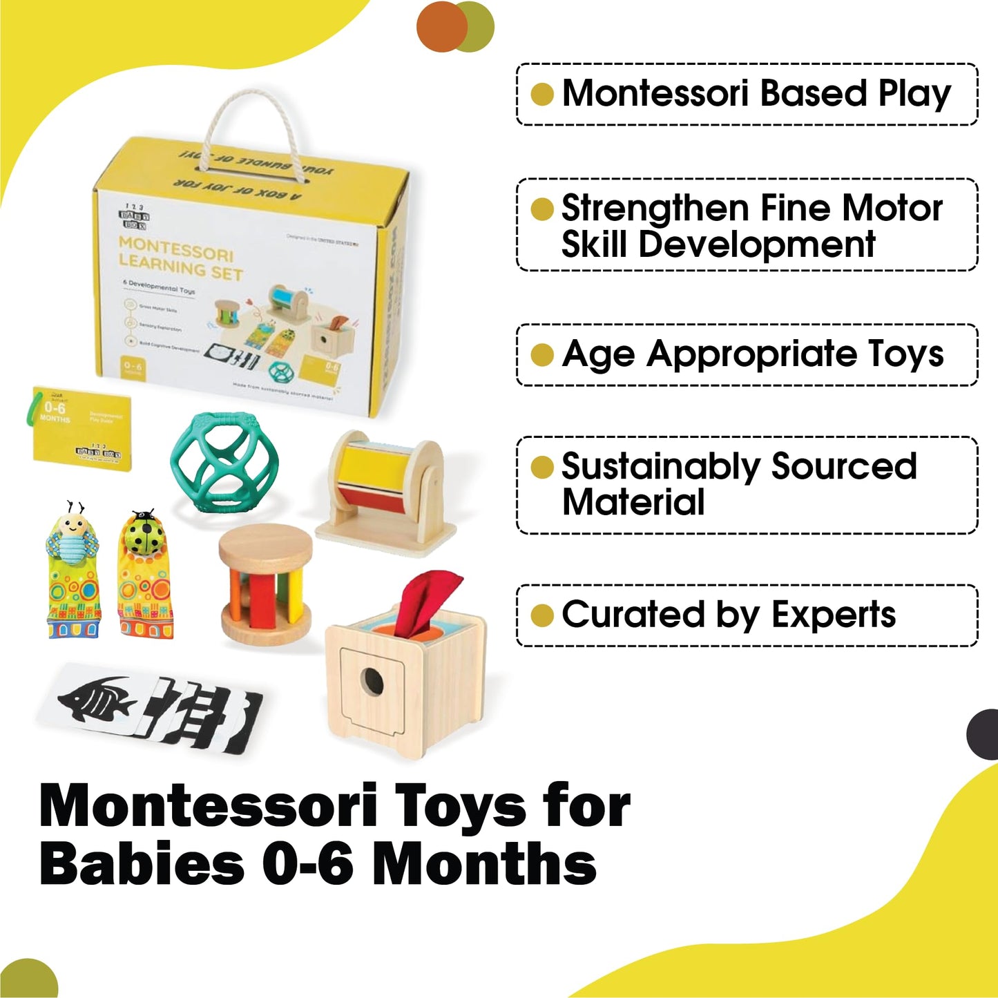 123 BABY BOX Montessori Toys for Babies 0-6 Months - 6-in-1 Educational Sensory Development Kit with Rolling Bell, Magic Tissue Box, Spinning Drum & More