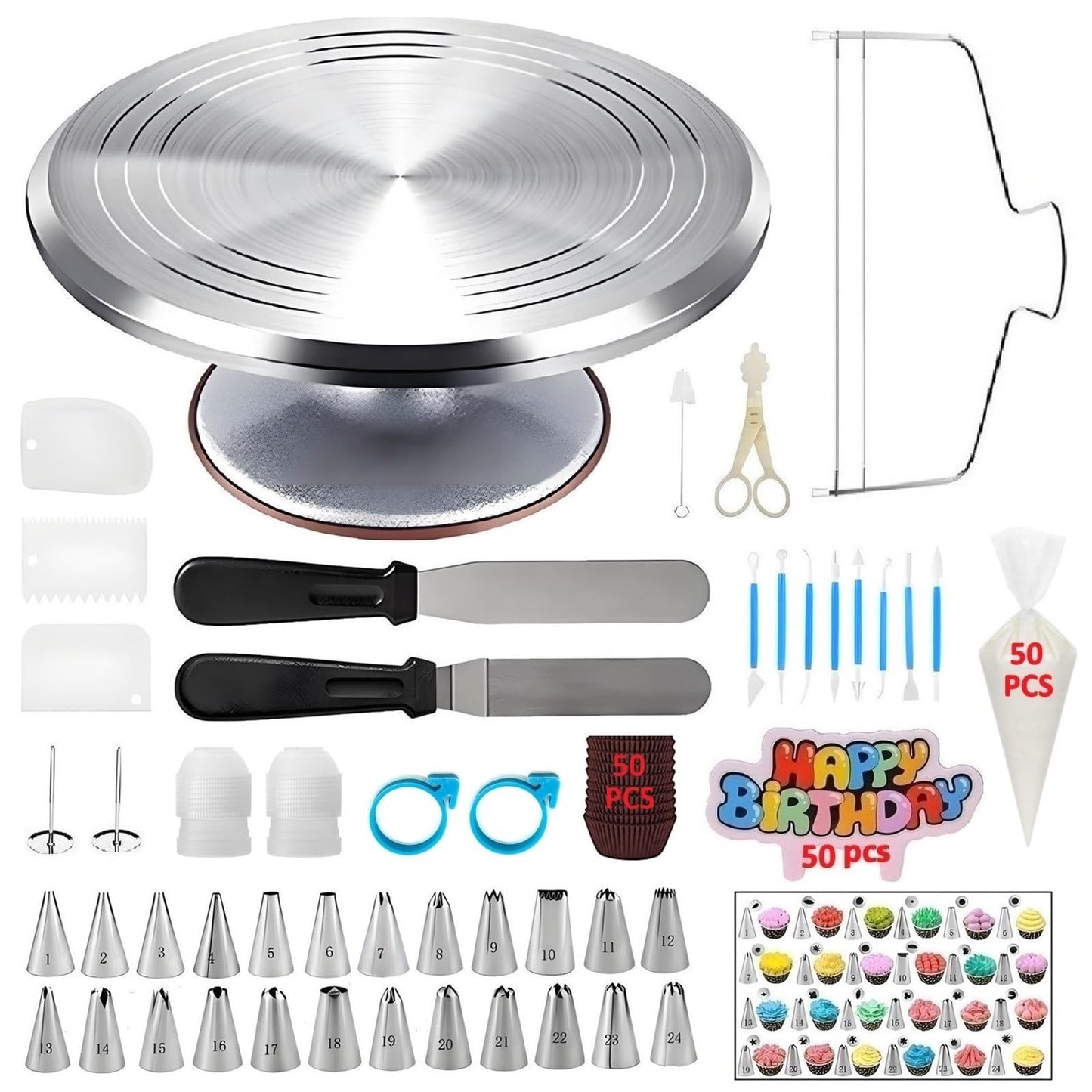 YOQXHY Cake Decorating Kit, 198 Pcs Baking Supplies Tools with Aluminium Cake Turntable, Leveler, 24 Numbered Icing Tips, 2 Spatulas, 3 Scrapers, 2 Couplers, 50 Pastry Bags, 50 Cupcake Liners & More