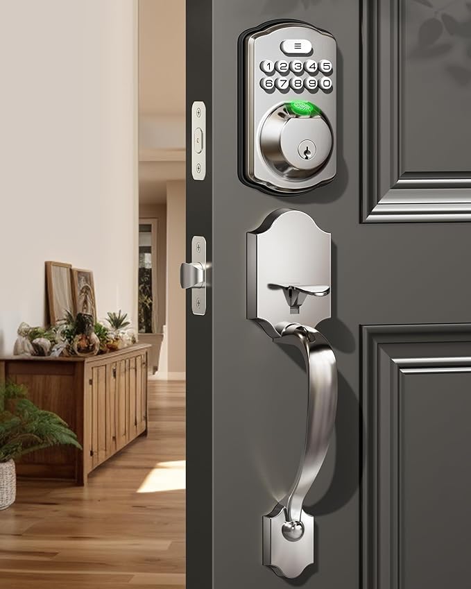 Veise Fingerprint Door Lock Set, Keyless Entry Door Lock, Front Handle Set, Electronic Keypad Deadbolt with Lever Handle, 2 Keys, Auto-Locking, One-time Codes, Easy to Install, Satin Nickel