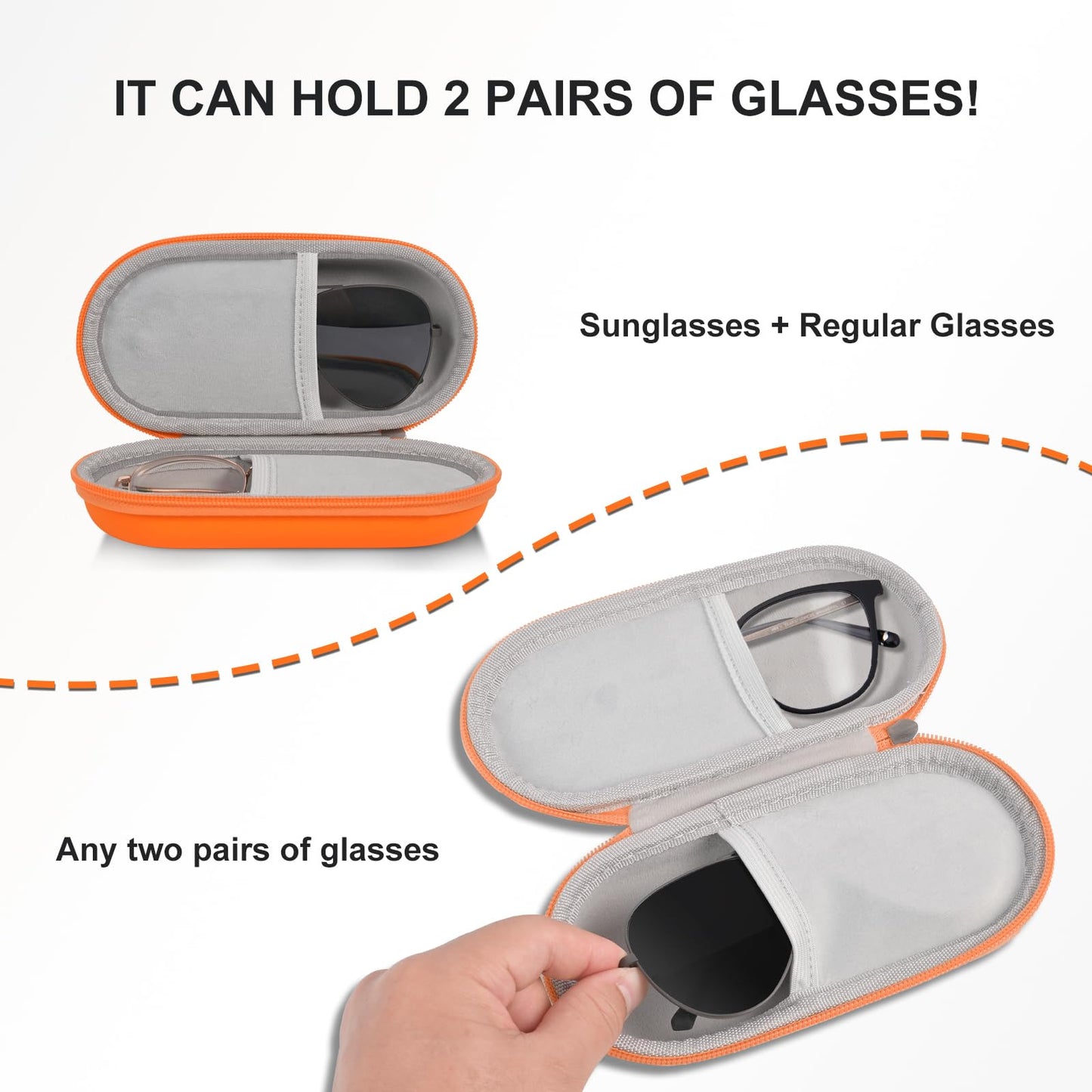 popolov Double Glasses Case,Dual Eyeglasses & Sunglasses Organizer with Clip Zipper Closure for Travel 2 Pairs Storage Box Orange