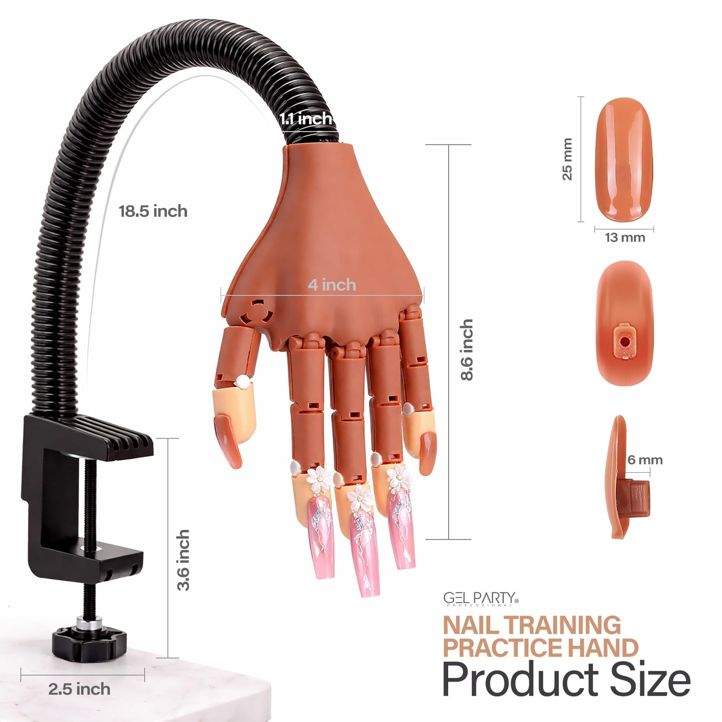 GELPARTY Flexible Nail Practice Hand with Table Clamp - Full Training Starter Kit for Acrylic & Gel Nails, Includes 200pcs Brown Tips, Clippers, Files & Brushes - Professional Manicure Set (Set B+)