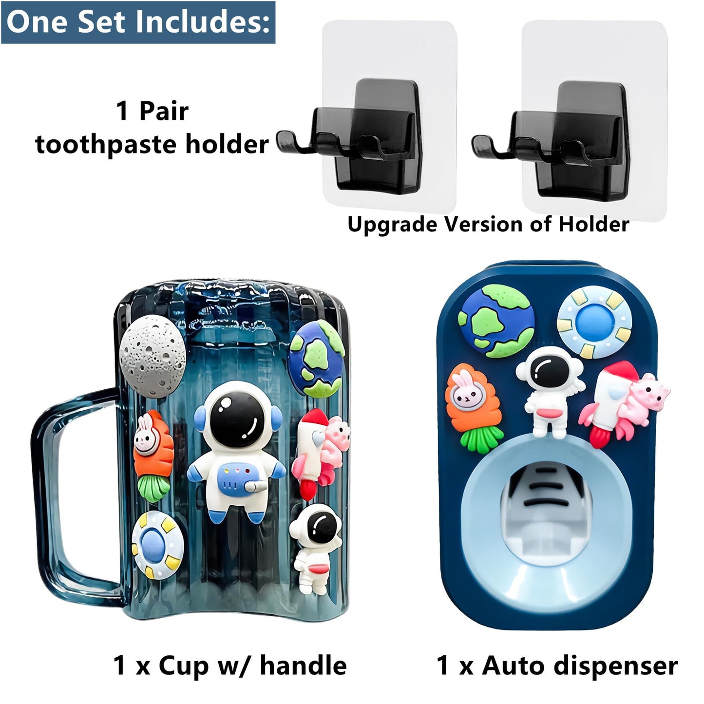 Automatic Toothpaste Dispenser & Toothpaste Holders and Wall Mounted Cup 3 Piece in a Set, is Wall Mounted for Bathroom,Toothpaste Squeezer for Kids & Family Shower by Mr. Thumbs(Navy Blue Set)