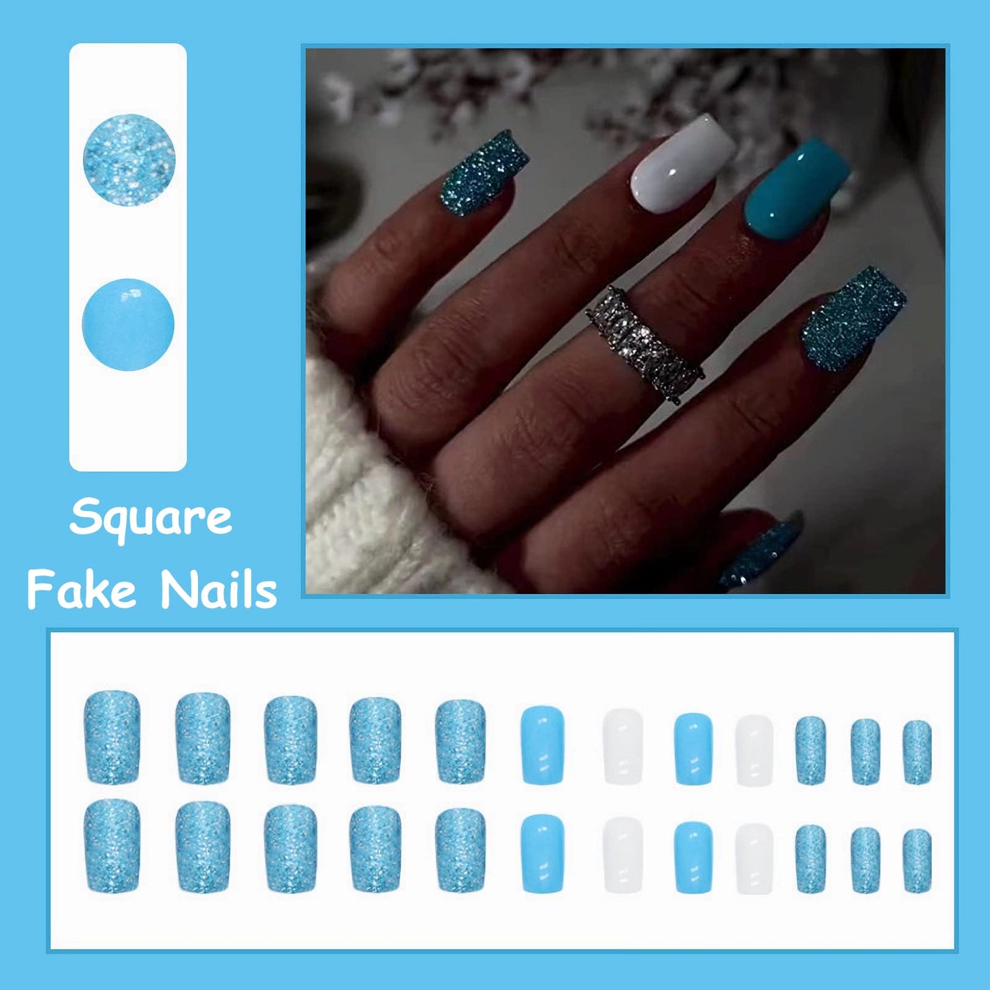 MISUD Press on Nails - Short Square Glue on Nails with Summer Blue, Acrylic Bling Glitter Design 24 pcs